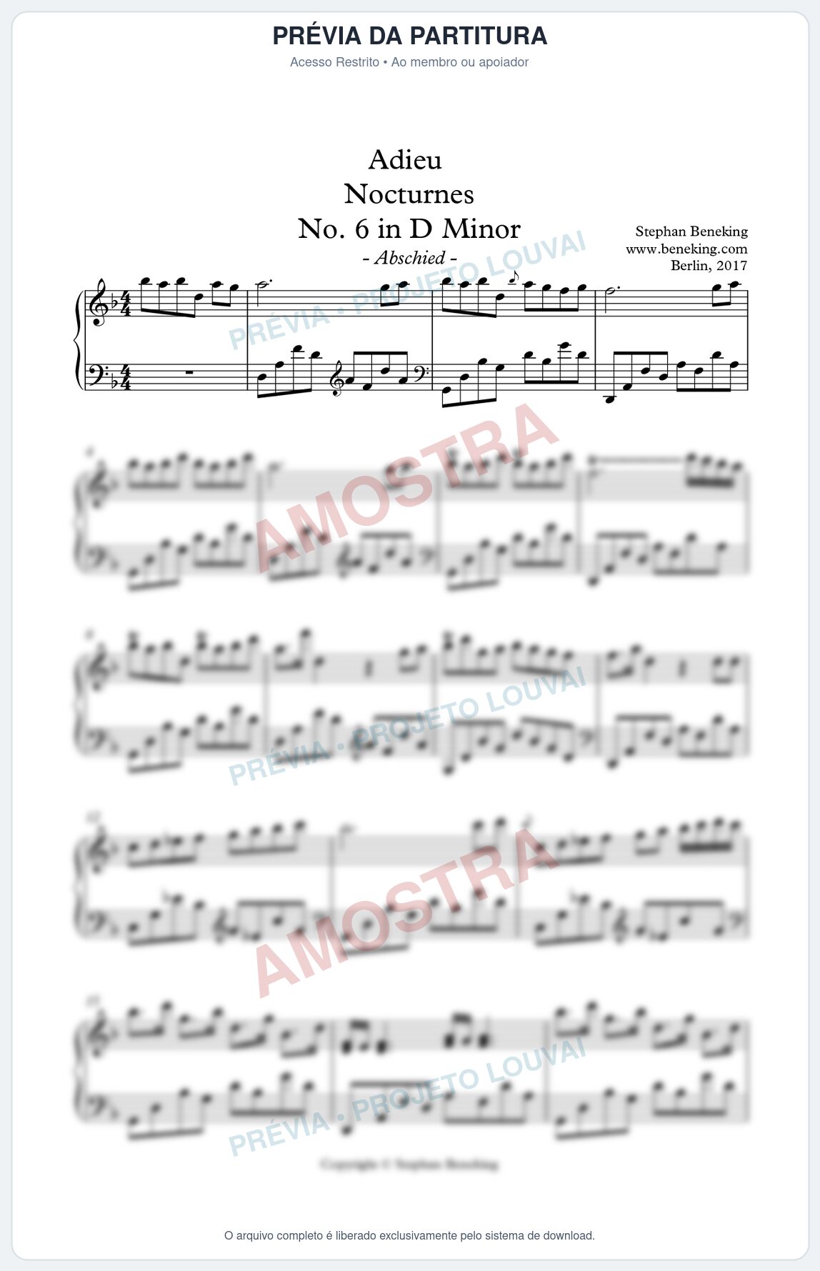 Prévia protegida da primeira página da partitura Partitura para Piano - Adieu Nocturnes nº 6 em Dm - Stephan Beneking - Músicas Eruditas