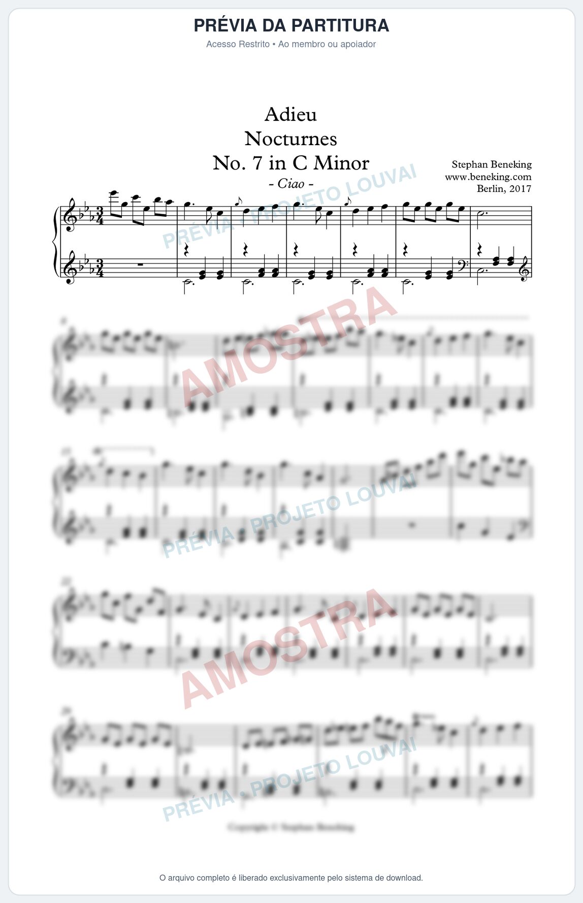 Prévia protegida da primeira página da partitura Partitura para Piano - Adieu Nocturnes nº 7 em Cm - Stephan Beneking - Músicas Eruditas