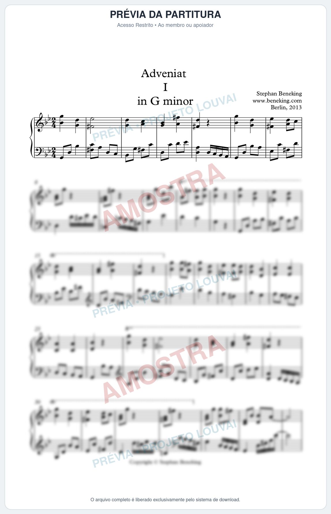 Prévia protegida da primeira página da partitura Partitura para Piano - Adveniat nª1 em Gm - Stephan Beneking - Músicas Eruditas