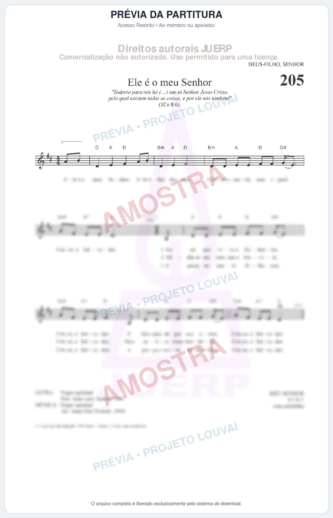 Prévia protegida da primeira página da partitura Partitura da música Ele é o meu Senhor (HCC CIFRADO 205) - Hinário para o Culto Cristão - Tom D