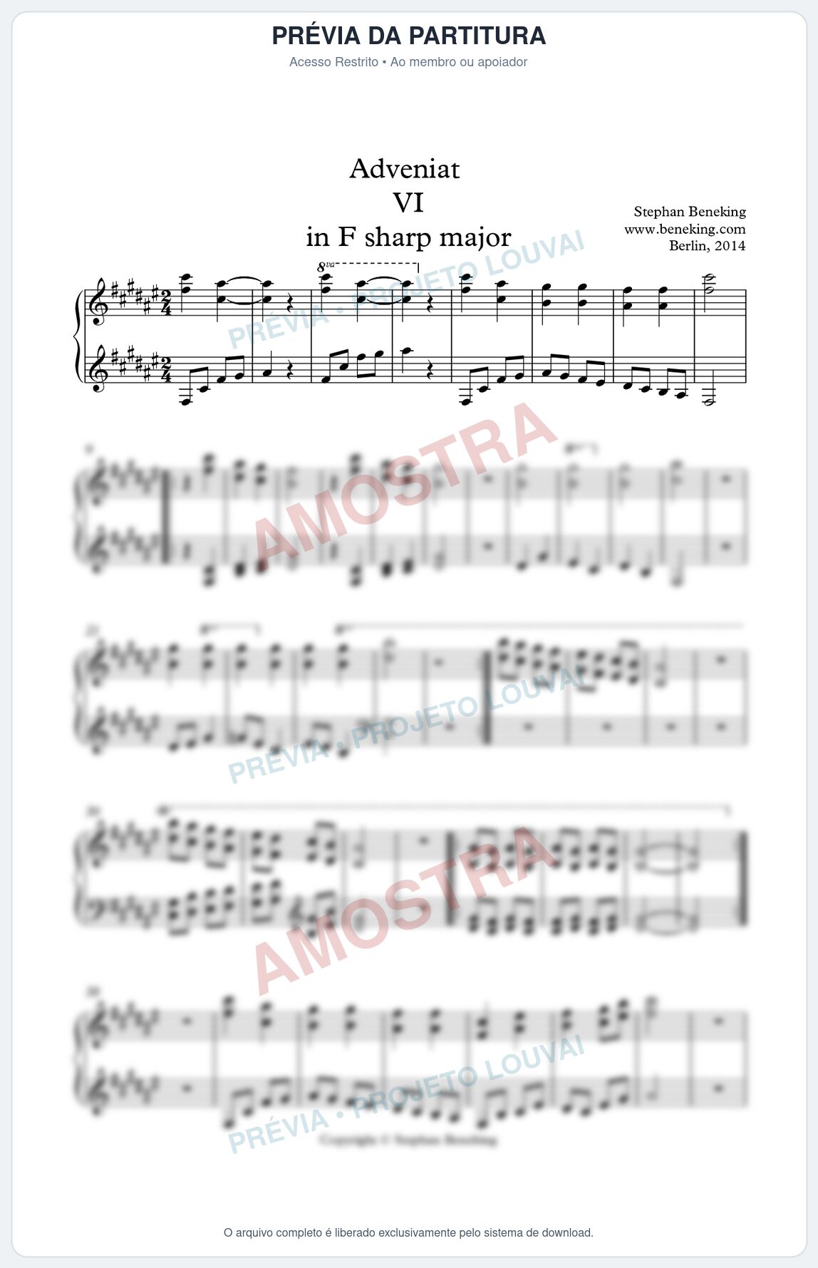 Prévia protegida da primeira página da partitura Partitura para Piano - Adveniat nª6 em F# - Stephan Beneking - Músicas Eruditas