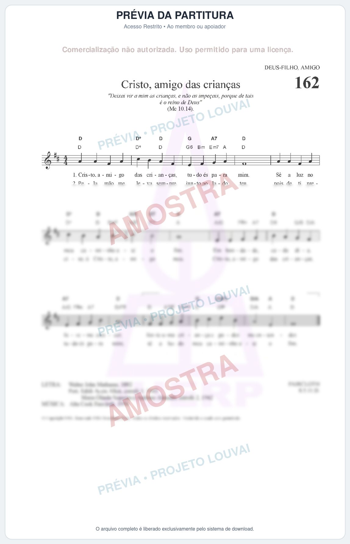 Prévia protegida da primeira página da partitura Partitura da música Cristo, amigo das crianças (HCC CIFRADO 162) - Hinário para o Culto Cristão - Tom D