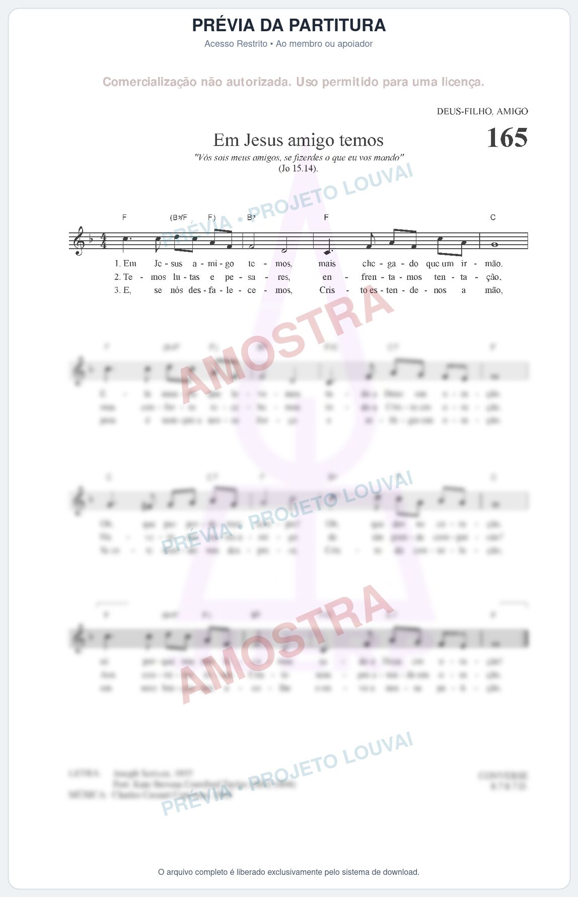 Prévia protegida da primeira página da partitura Partitura da música Em Jesus amigo temos (HCC CIFRADO 165) - Hinário para o Culto Cristão - Tom F