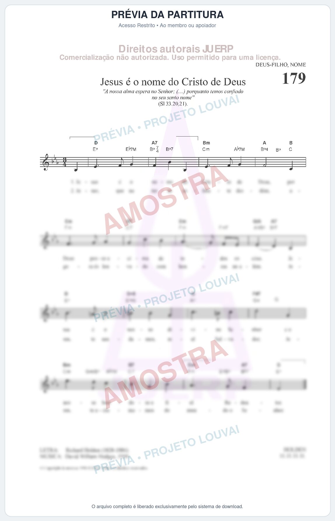 Prévia protegida da primeira página da partitura Partitura da música Jesus é o nome do Cristo de Deus (HCC CIFRADO 179) - Hinário para o Culto Cristão - Tom Eb