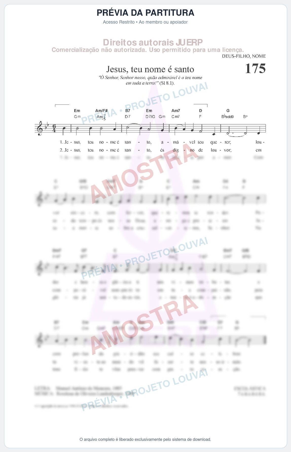 Prévia protegida da primeira página da partitura Partitura da música Jesus, teu nome é santo (HCC CIFRADO 175) - Hinário para o Culto Cristão - Tom Gm