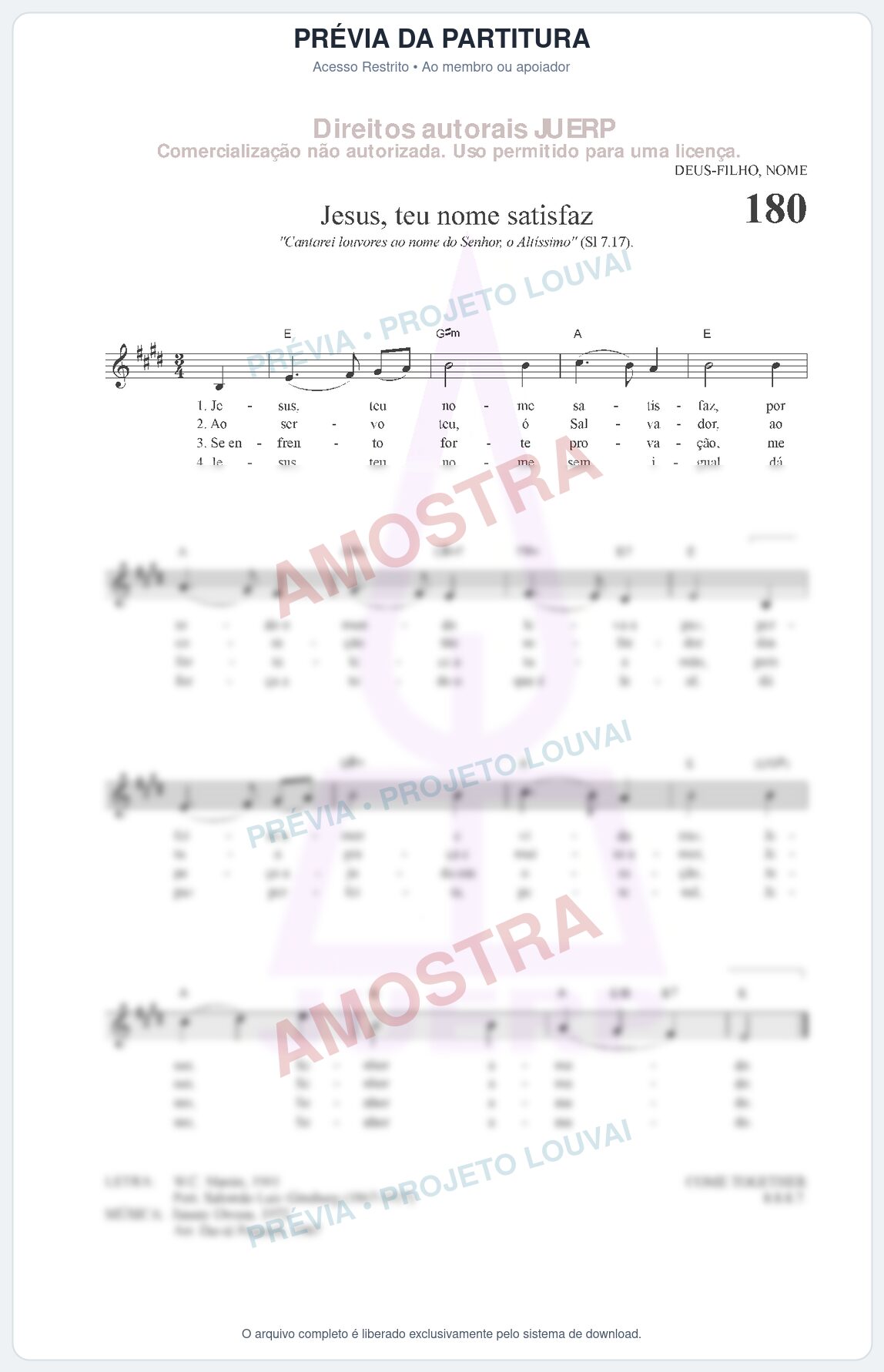Prévia protegida da primeira página da partitura Partitura da música Jesus, teu nome satisfaz (HCC CIFRADO 180) - Hinário para o Culto Cristão - Tom E