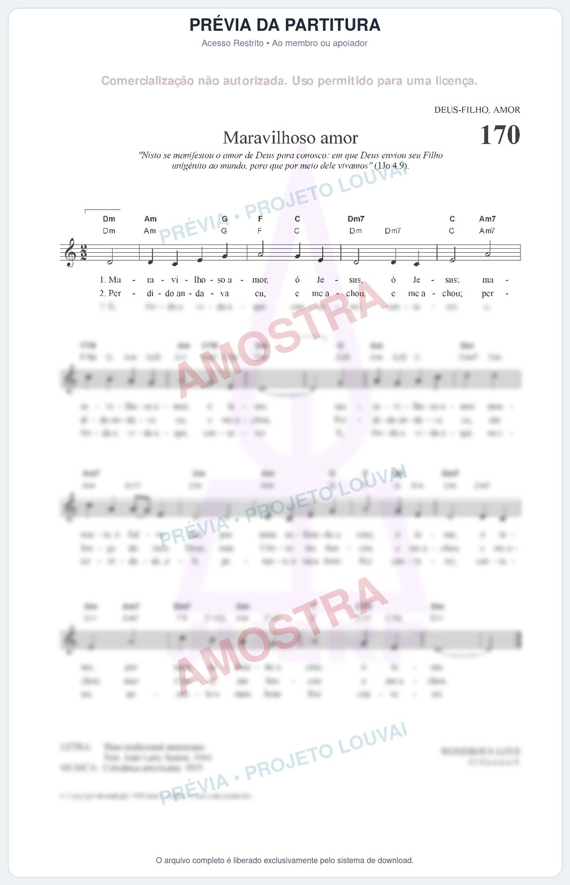 Prévia protegida da primeira página da partitura Partitura da música Maravilhoso amor (HCC CIFRADO 170) - Hinário para o Culto Cristão - Tom Am