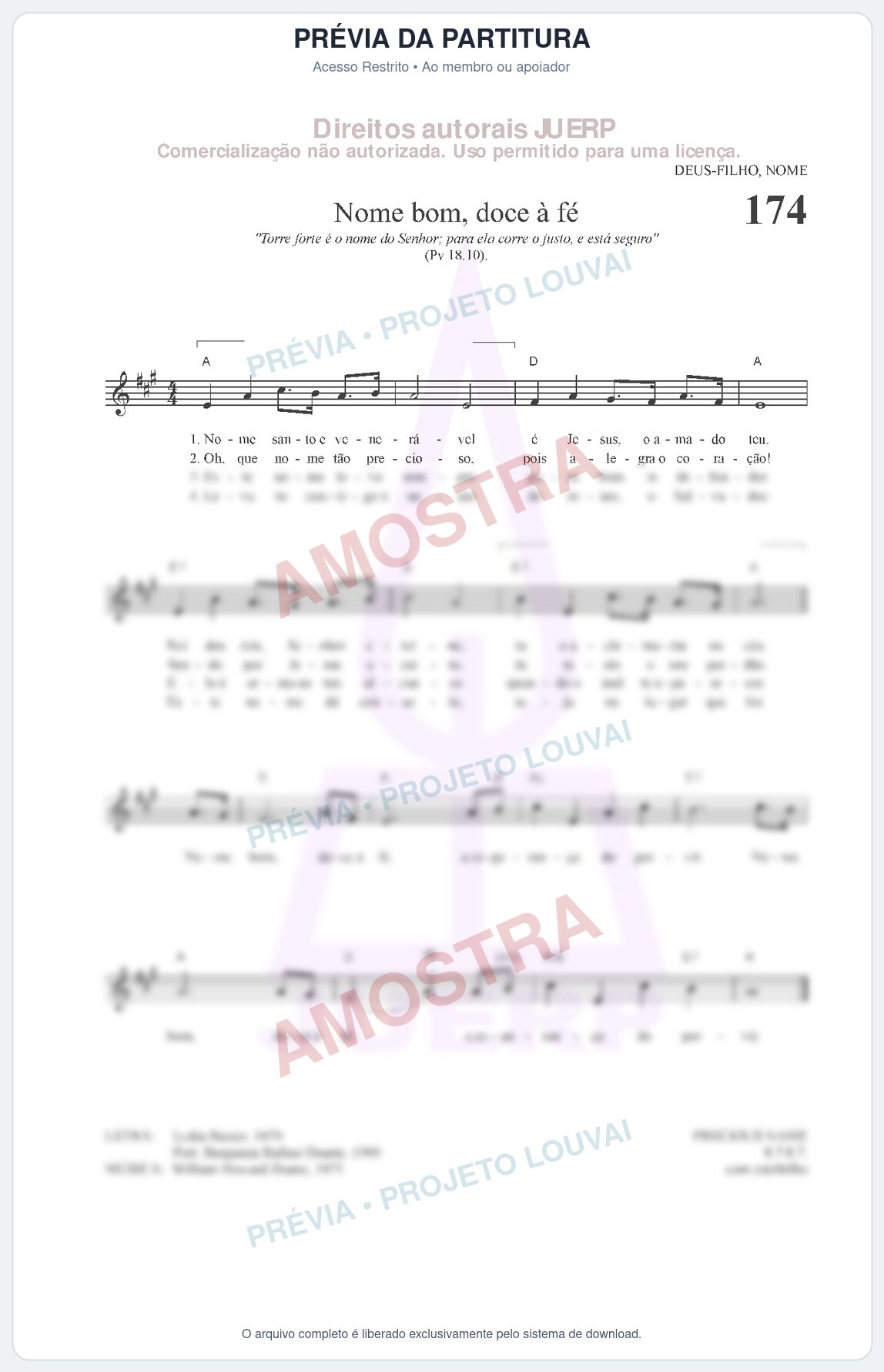 Prévia protegida da primeira página da partitura Partitura da música Nome bom, doce à fé (HCC CIFRADO 174) - Hinário para o Culto Cristão - Tom A