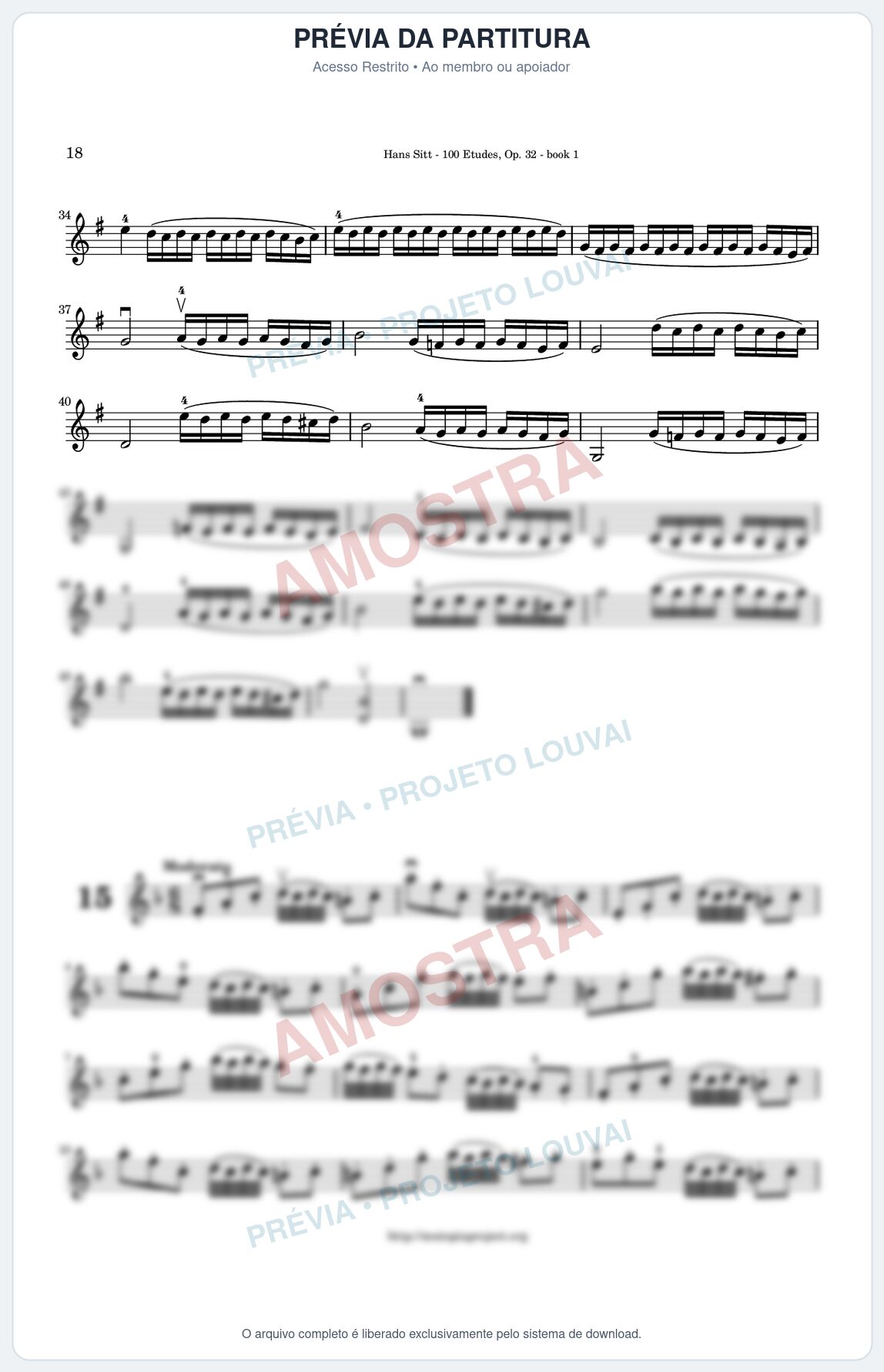 Prévia protegida da primeira página da partitura Partitura para Violino - Estudo 15 - 100 Violin Etudes (Op 32) - Hans Sitt - Músicas Eruditas