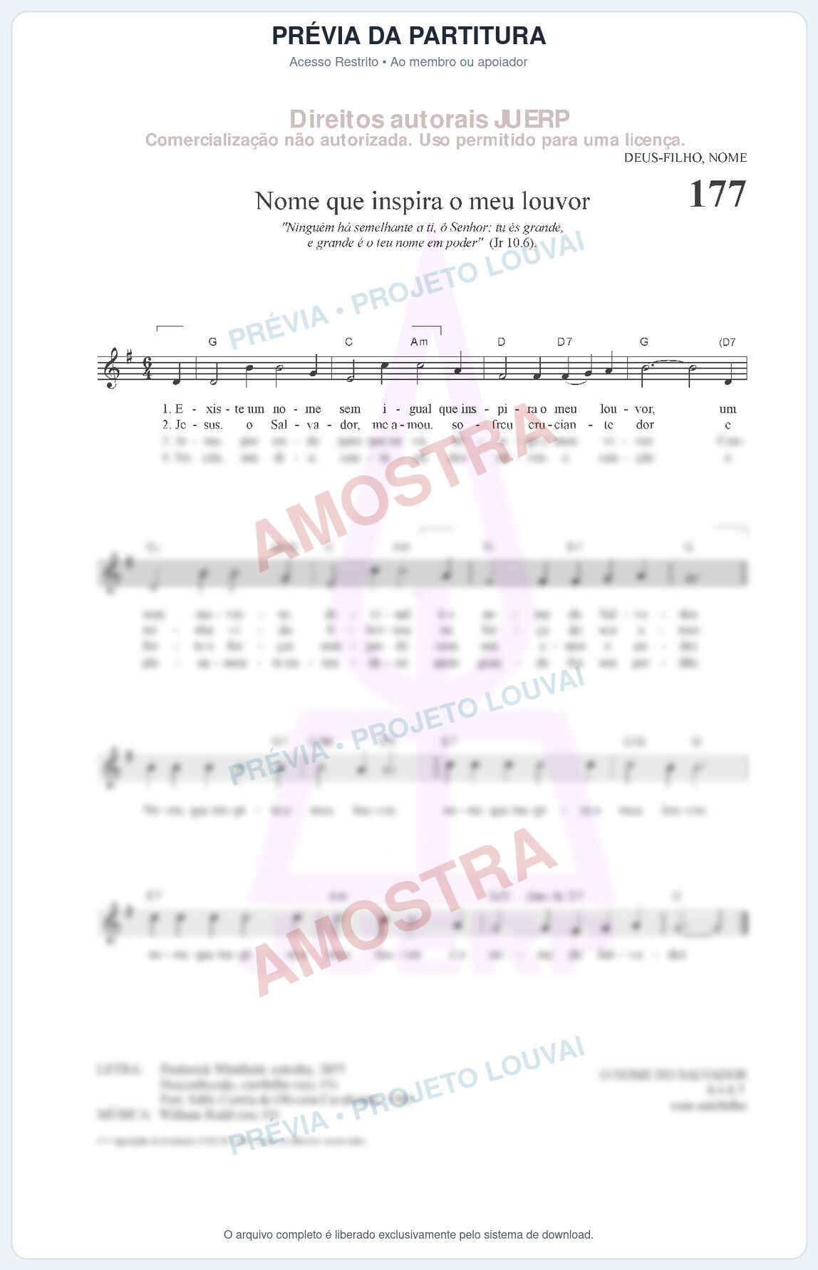 Prévia protegida da primeira página da partitura Partitura da música Nome que inspira o meu louvor (HCC CIFRADO 177) - Hinário para o Culto Cristão - Tom G