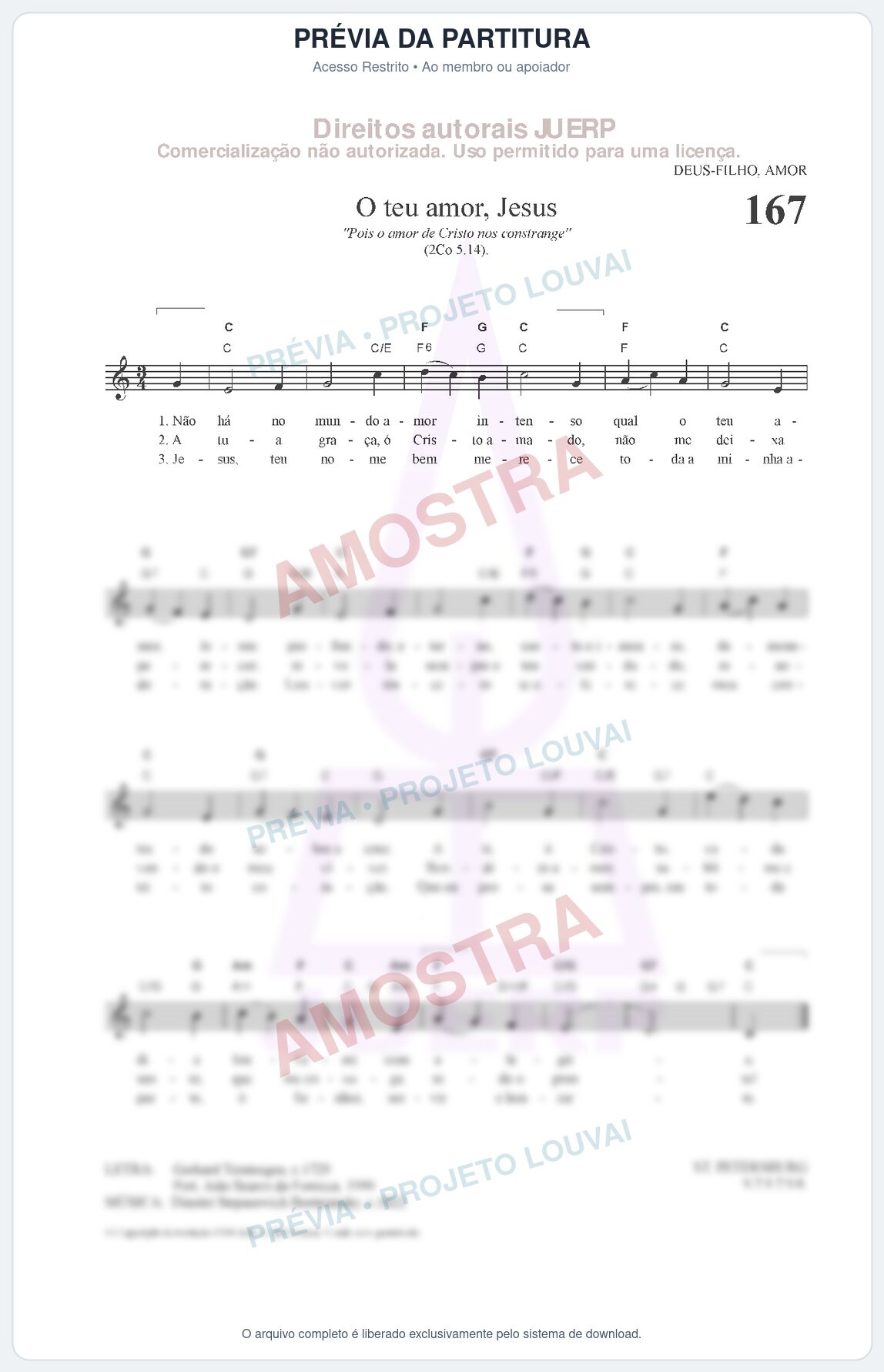 Prévia protegida da primeira página da partitura Partitura da música O teu amor, Jesus (HCC CIFRADO 167) - Hinário para o Culto Cristão - Tom C