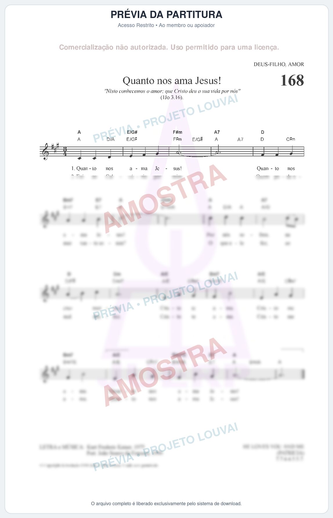 Prévia protegida da primeira página da partitura Partitura da música Quanto nos ama Jesus! (HCC CIFRADO 168) - Hinário para o Culto Cristão - Tom A