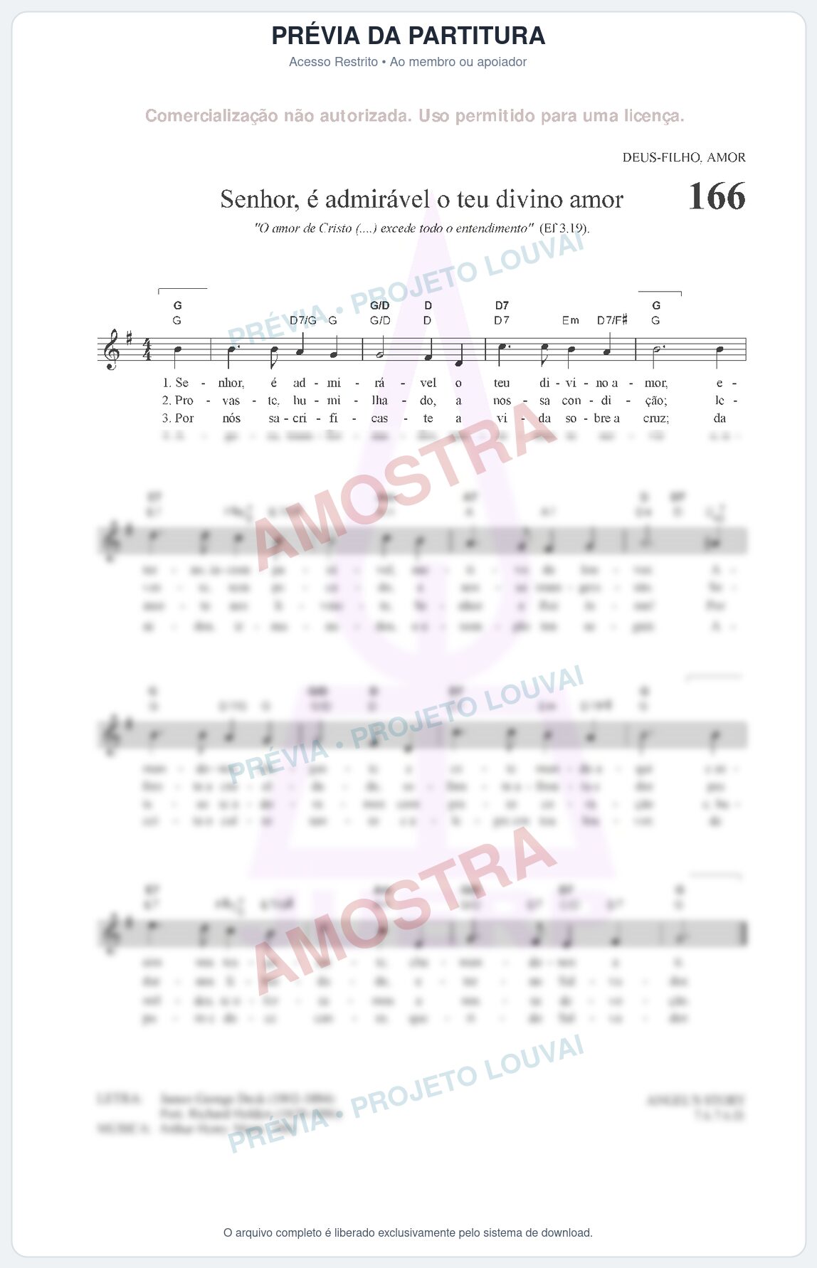 Prévia protegida da primeira página da partitura Partitura da música Senhor, é admirável o teu divino amor (HCC CIFRADO 166) - Hinário para o Culto Cristão - Tom G