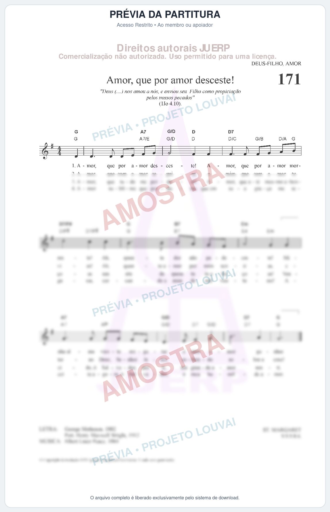 Prévia protegida da primeira página da partitura Partitura da música Amor, que por amor desceste! (HCC CIFRADO 171) - Hinário para o Culto Cristão - Tom G