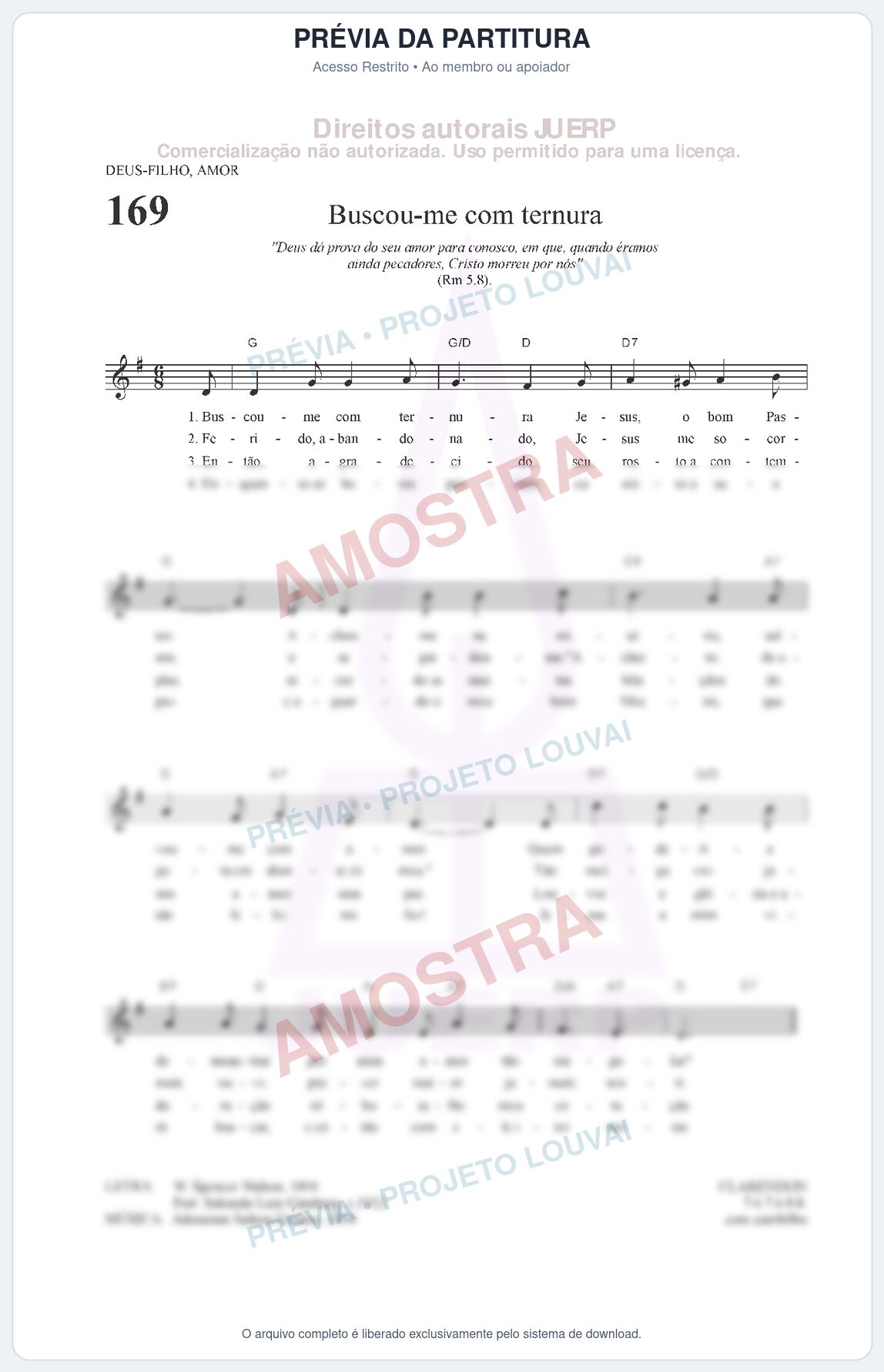 Prévia protegida da primeira página da partitura Partitura da música Buscou-me com ternura (HCC CIFRADO 169) - Hinário para o Culto Cristão - Tom G