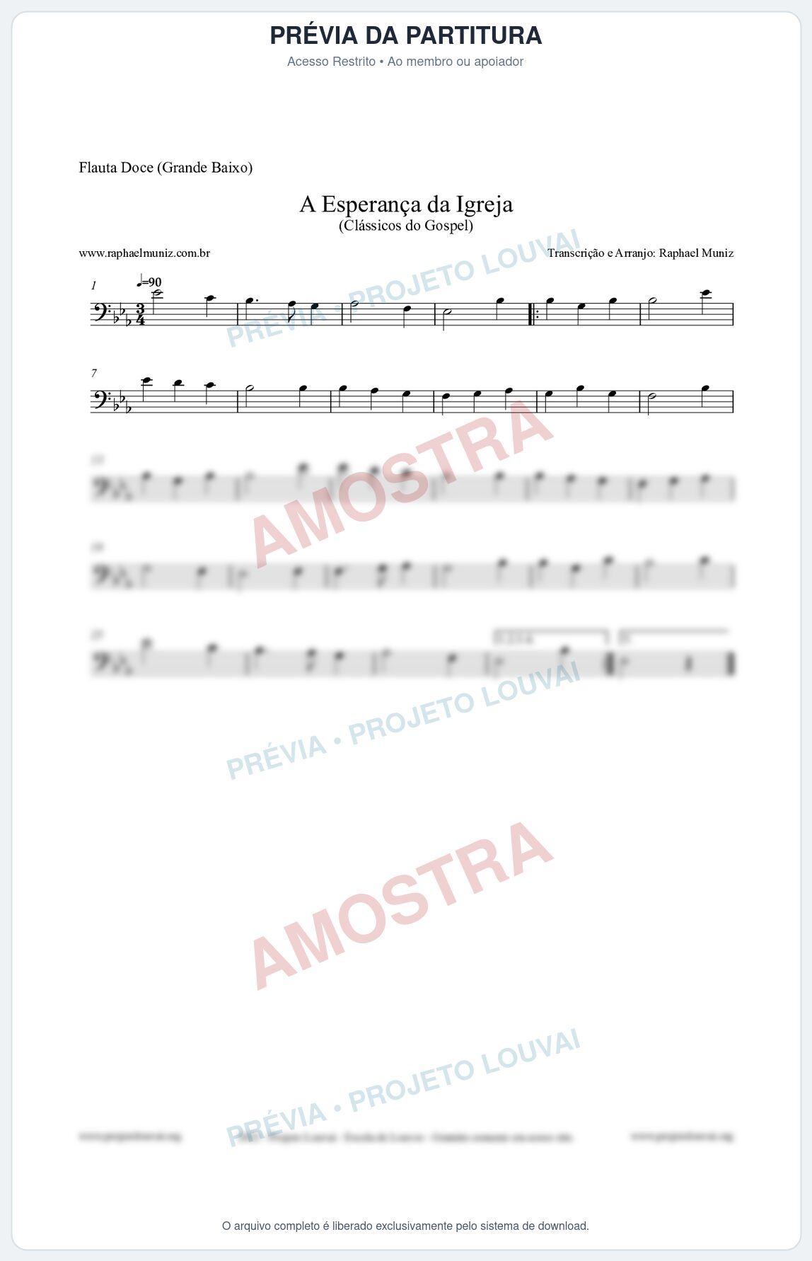 Prévia protegida da primeira página da partitura Partitura para Flauta Doce (Grande Baixo) - A Esperança da Igreja - Harpa Cristã nº53 - Clássicos do Gospel