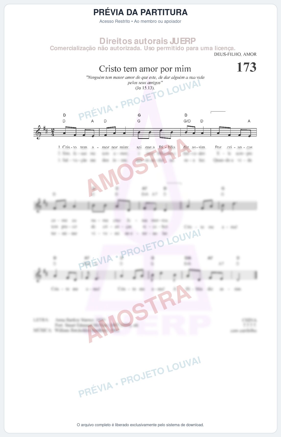 Prévia protegida da primeira página da partitura Partitura da música Cristo tem amor por mim (HCC CIFRADO 173) - Hinário para o Culto Cristão - Tom D