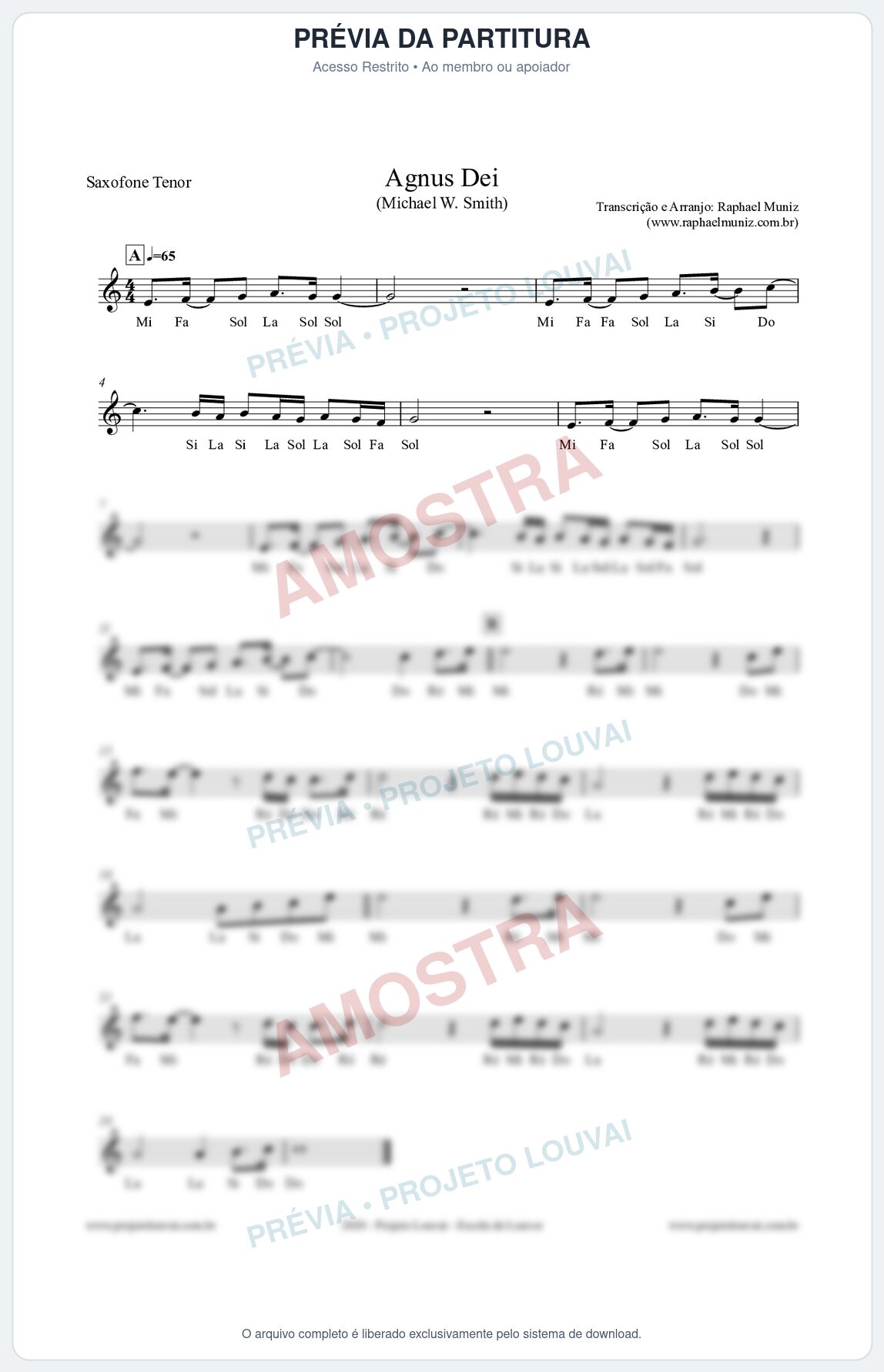 Prévia protegida da primeira página da partitura Partitura para Sax Tenor - Agnus Dei (com Cifra Melódica) - Michael Smith