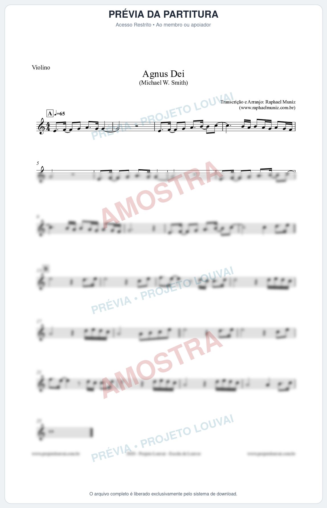 Prévia protegida da primeira página da partitura Partitura para Violino - Agnus Dei (Versão 2) - Michael Smith