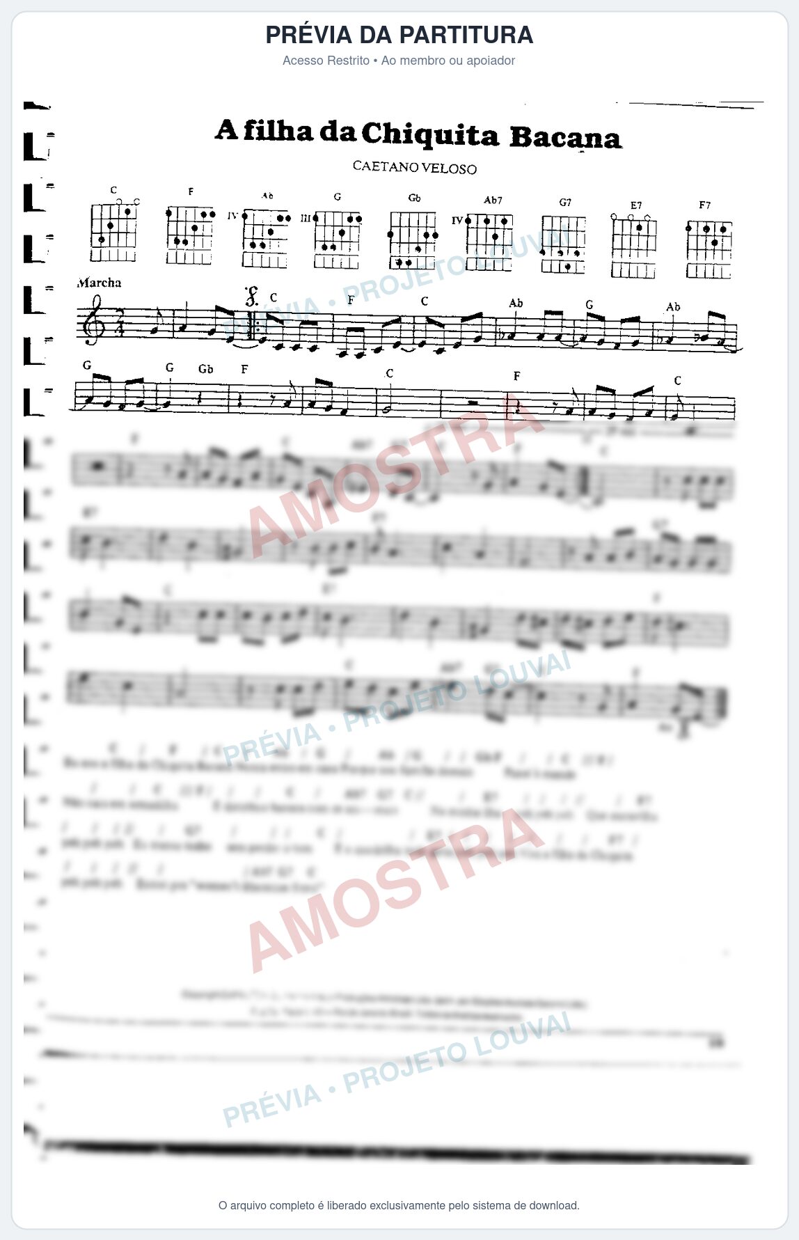 Prévia protegida da primeira página da partitura Partitura da música A Filha da Chiquita Bacana - Caetano Veloso - Tom C