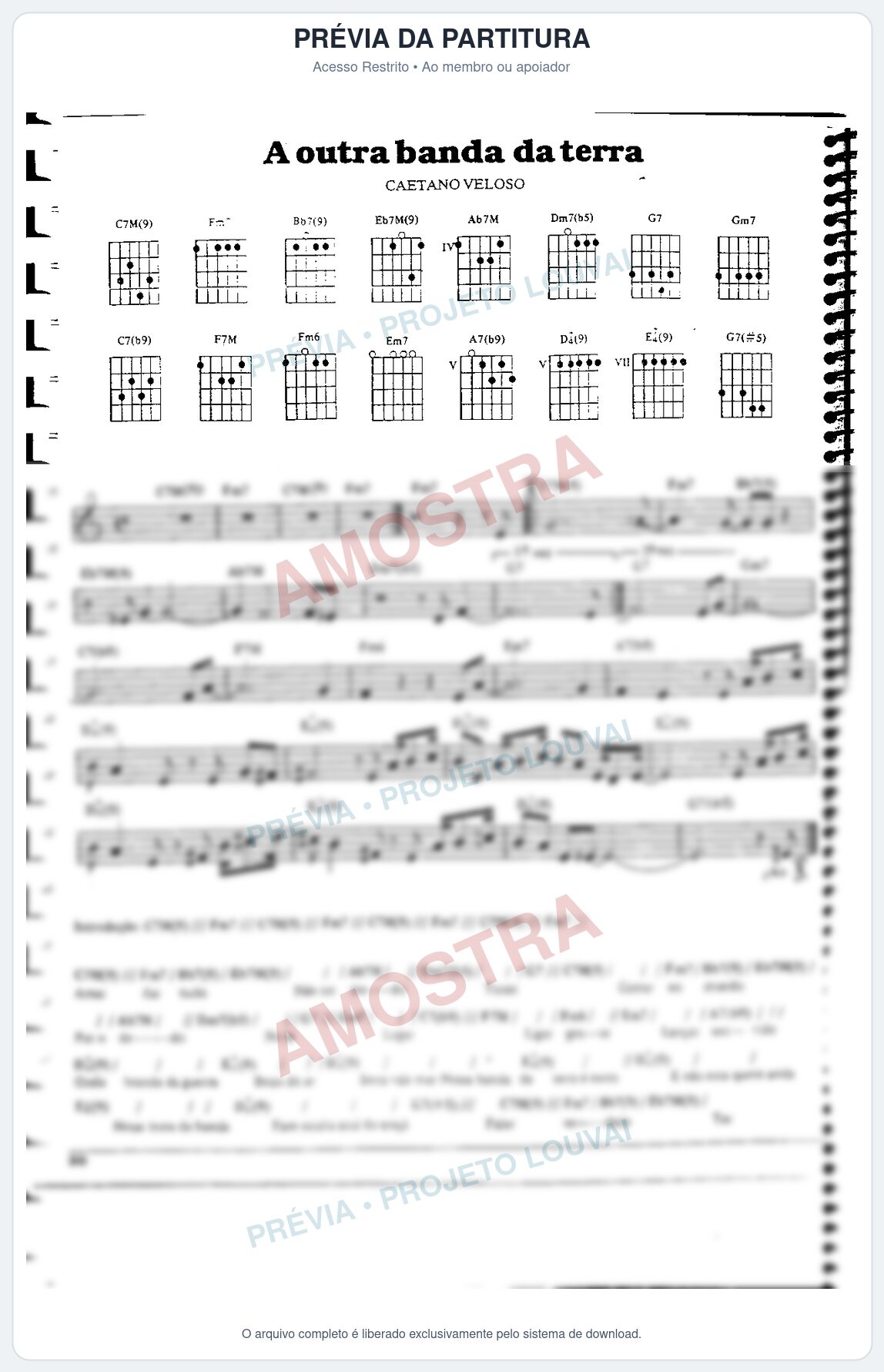Prévia protegida da primeira página da partitura Partitura da música A outra banda da terra - Caetano Veloso - Tom C