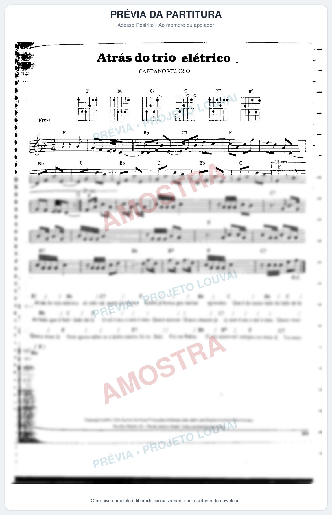 Prévia protegida da primeira página da partitura Partitura da música Atrás do trio elétrico - Caetano Veloso - Tom F