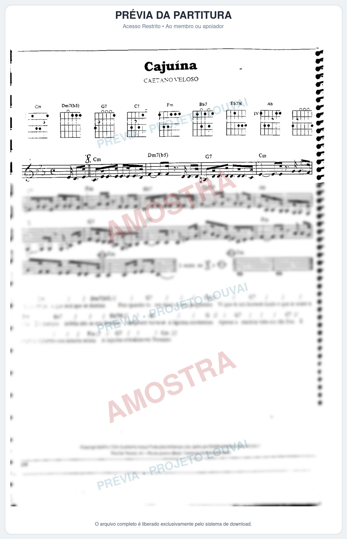 Prévia protegida da primeira página da partitura Partitura da música Cajuina - Caetano Veloso - Tom Cm