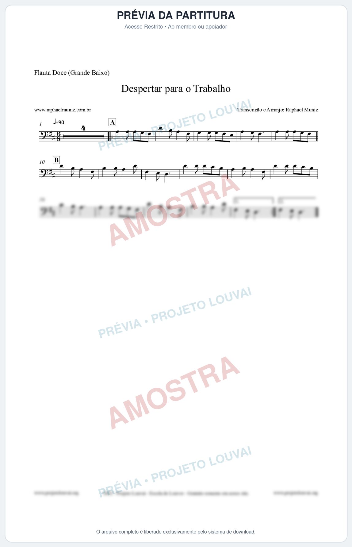 Prévia protegida da primeira página da partitura Partitura para Flauta Doce (Grande Baixo) - Despertar para o Trabalho - Harpa Cristã nº16 - Clássicos do Gospel