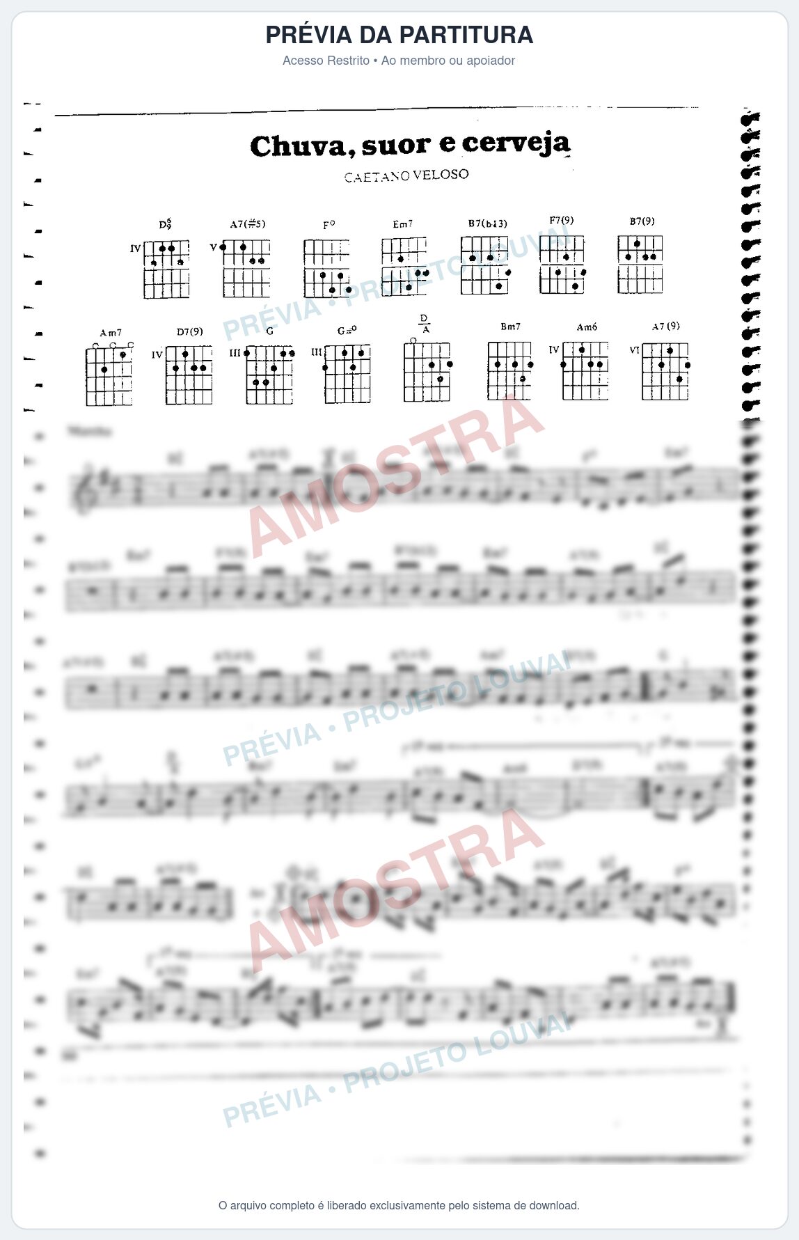 Prévia protegida da primeira página da partitura Partitura da música Chuva, suor e cerveja - Caetano Veloso - Tom D