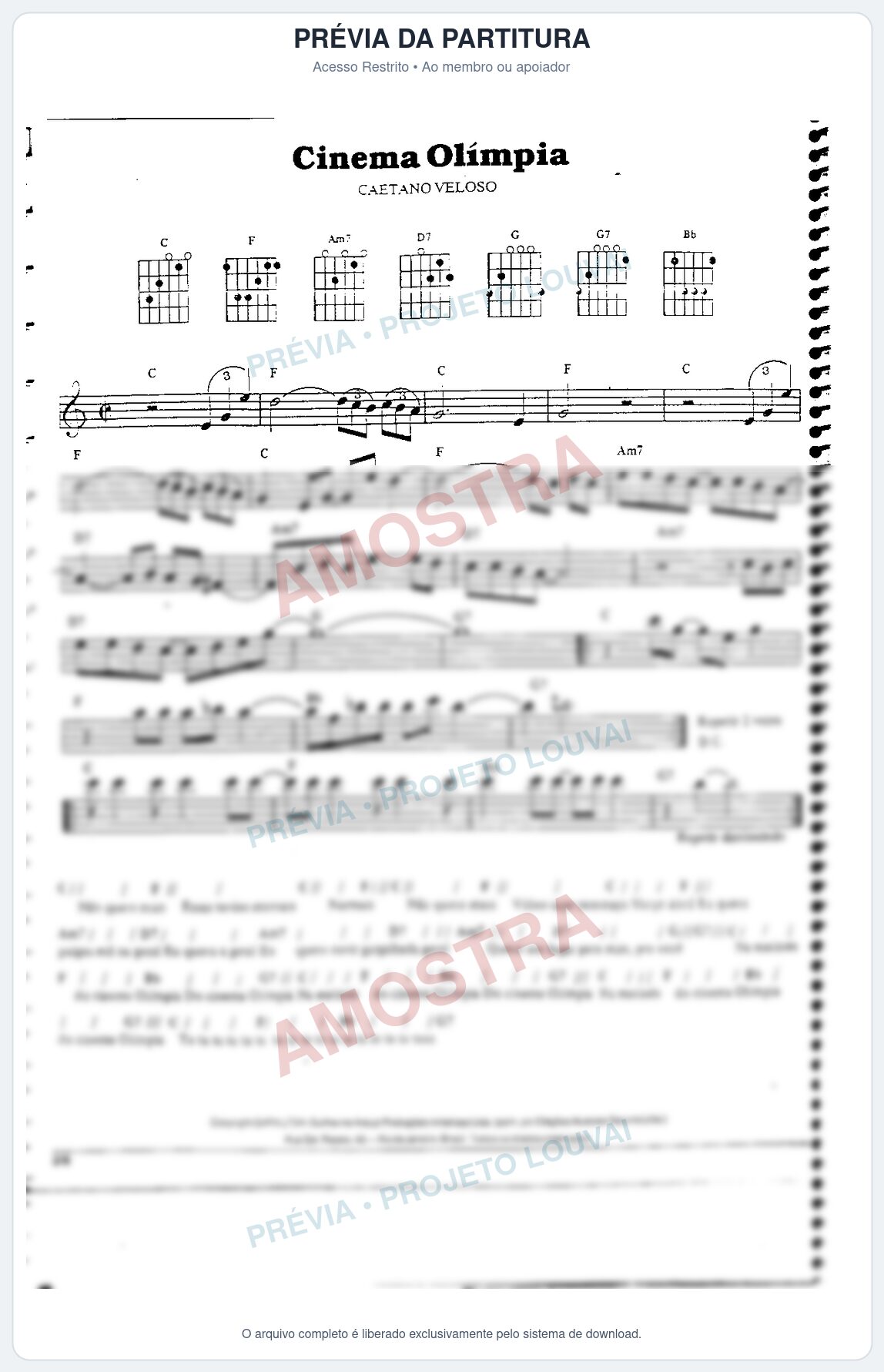 Prévia protegida da primeira página da partitura Partitura da música Cinema Olímpia - Caetano Veloso - Tom C