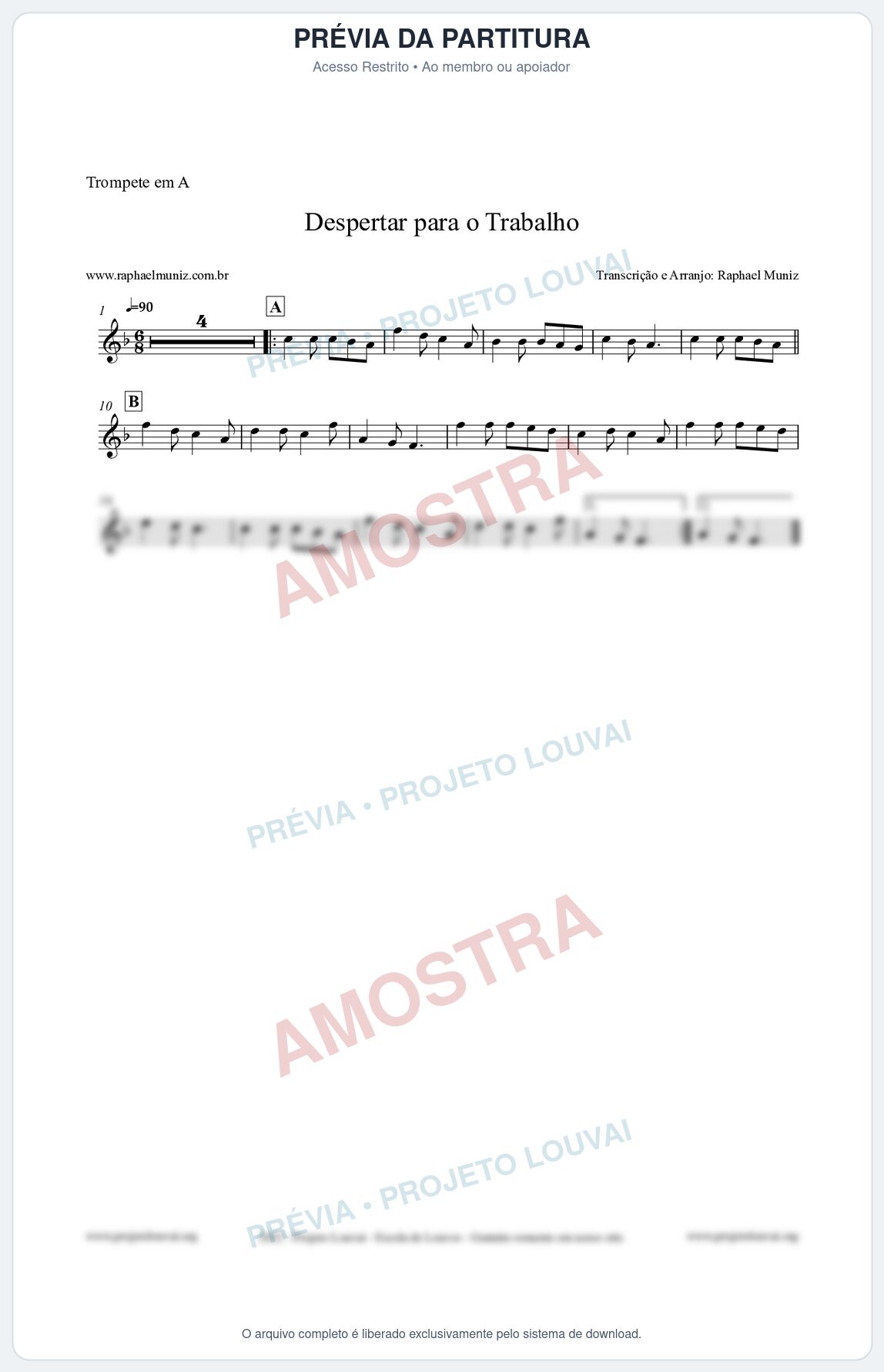 Prévia protegida da primeira página da partitura Partitura para Trompete em A - Despertar para o Trabalho - Harpa Cristã nº16 - Clássicos do Gospel