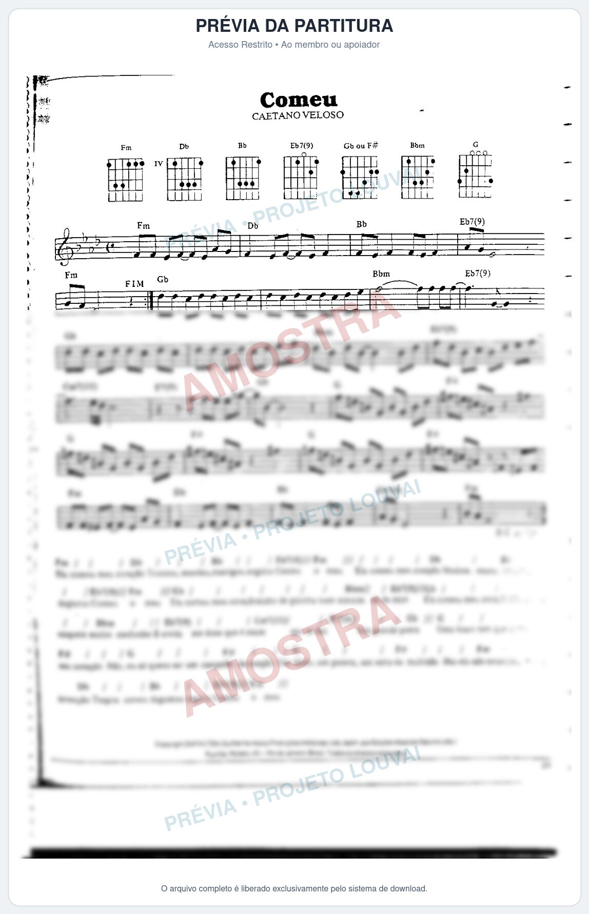 Prévia protegida da primeira página da partitura Partitura da música Comeu - Caetano Veloso - Tom Fm