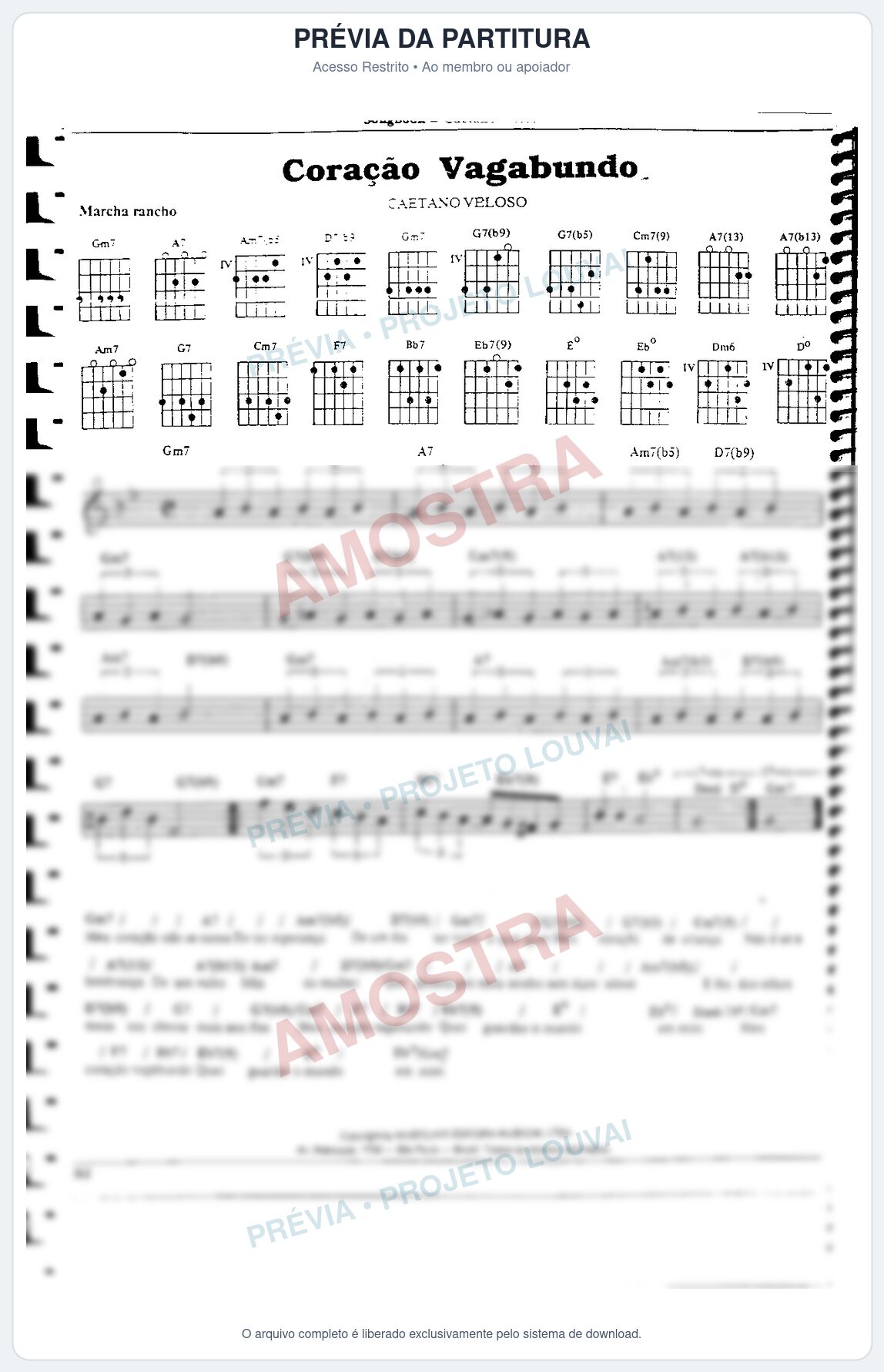 Prévia protegida da primeira página da partitura Partitura da música Coração Vagabundo - Caetano Veloso - Tom Gm