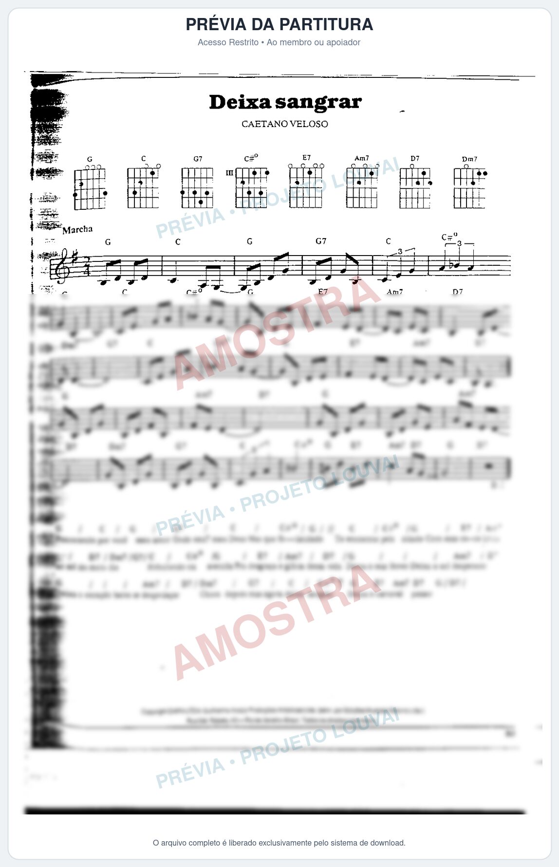 Prévia protegida da primeira página da partitura Partitura da música Deixa Sangrar - Caetano Veloso - Tom G