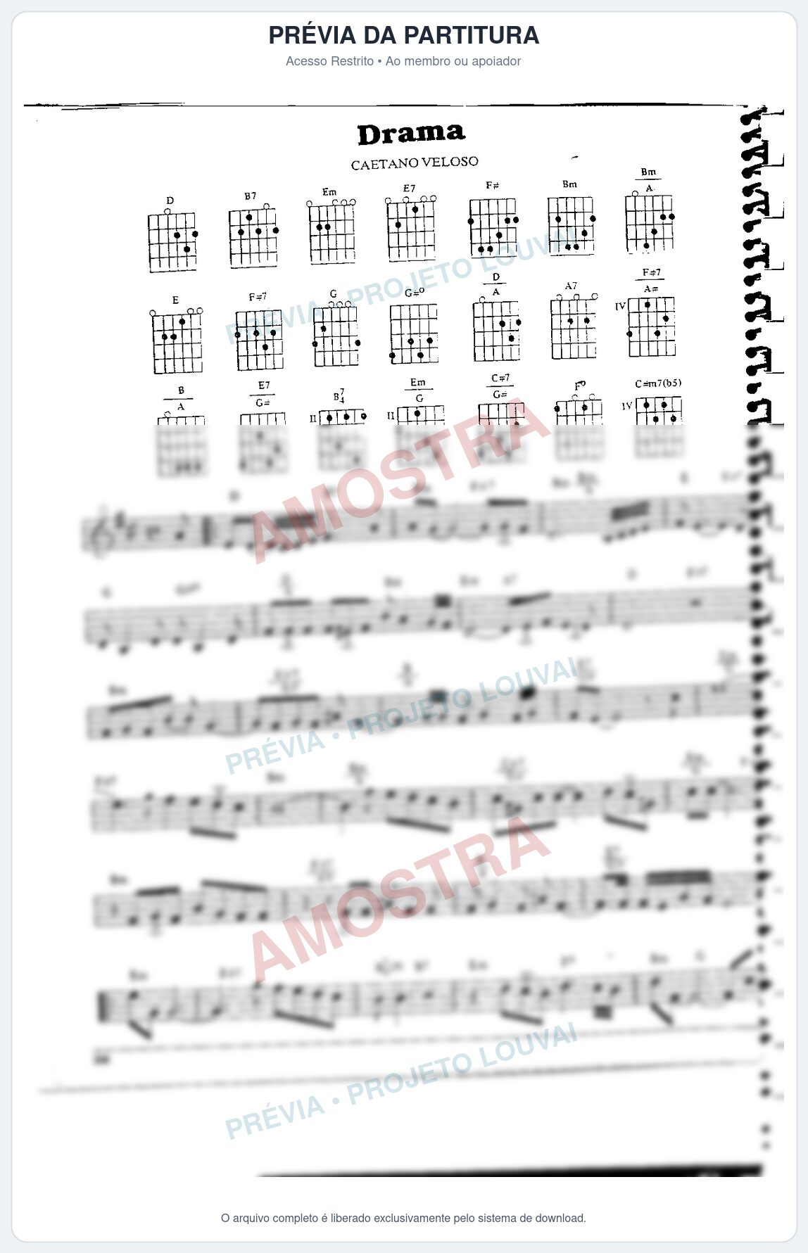 Prévia protegida da primeira página da partitura Partitura da música Drama - Caetano Veloso - Tom D