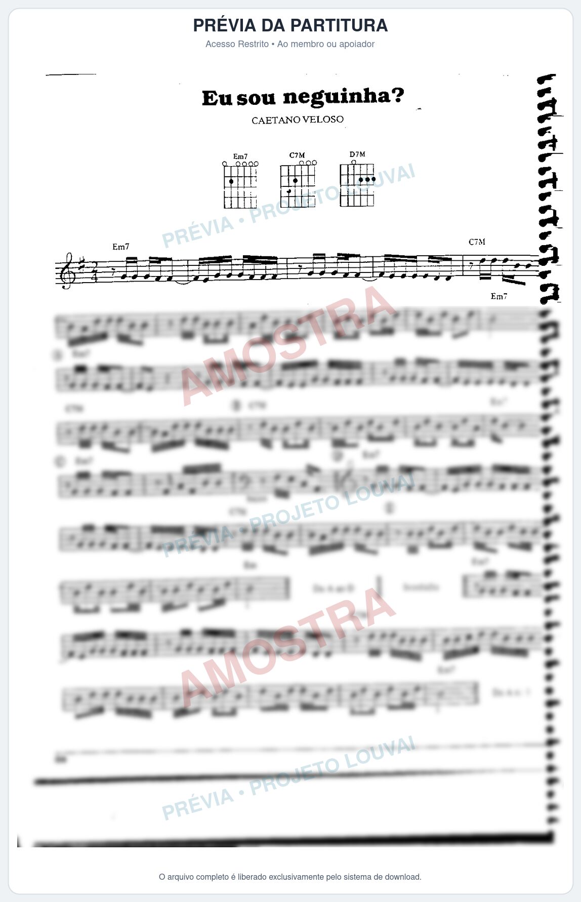 Prévia protegida da primeira página da partitura Partitura da música Eu sou neguinha - Caetano Veloso - Tom Em