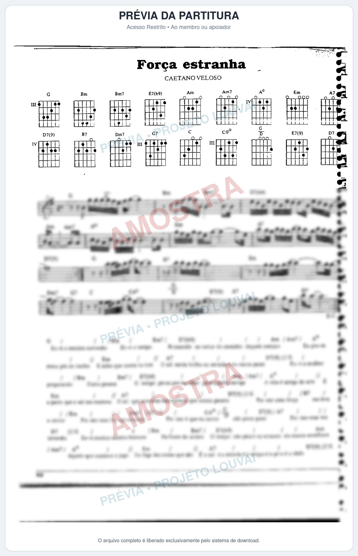 Prévia protegida da primeira página da partitura Partitura da música Força Estranha - Caetano Veloso - Tom G