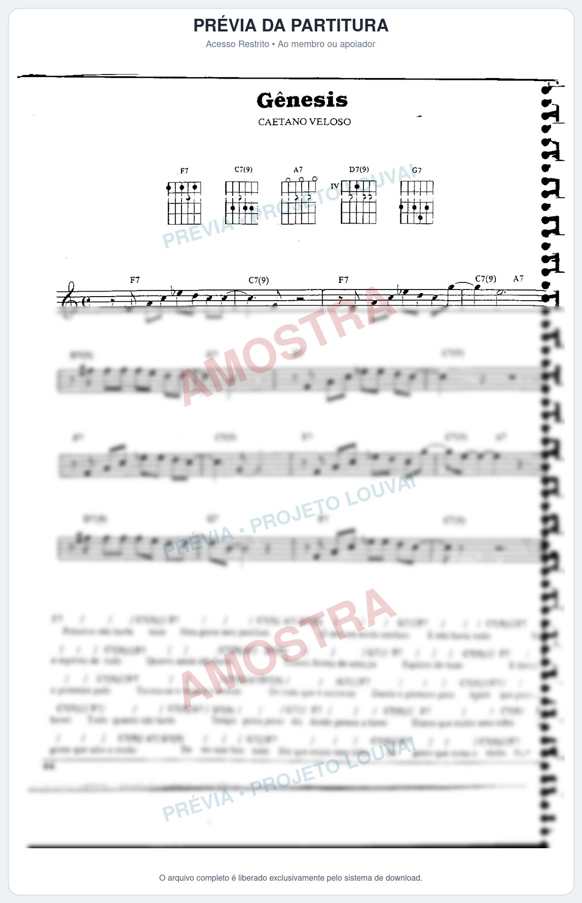 Prévia protegida da primeira página da partitura Partitura da música Gênesis - Caetano Veloso - Tom F