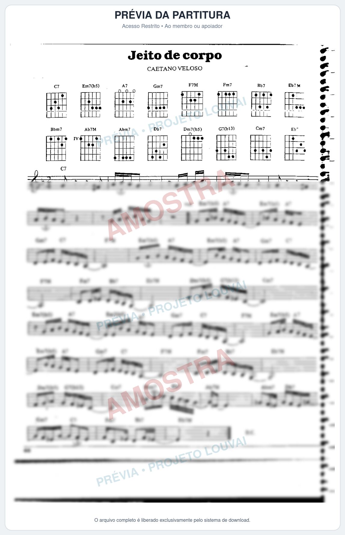 Prévia protegida da primeira página da partitura Partitura da música Jeito de Corpo - Caetano Veloso - Tom F
