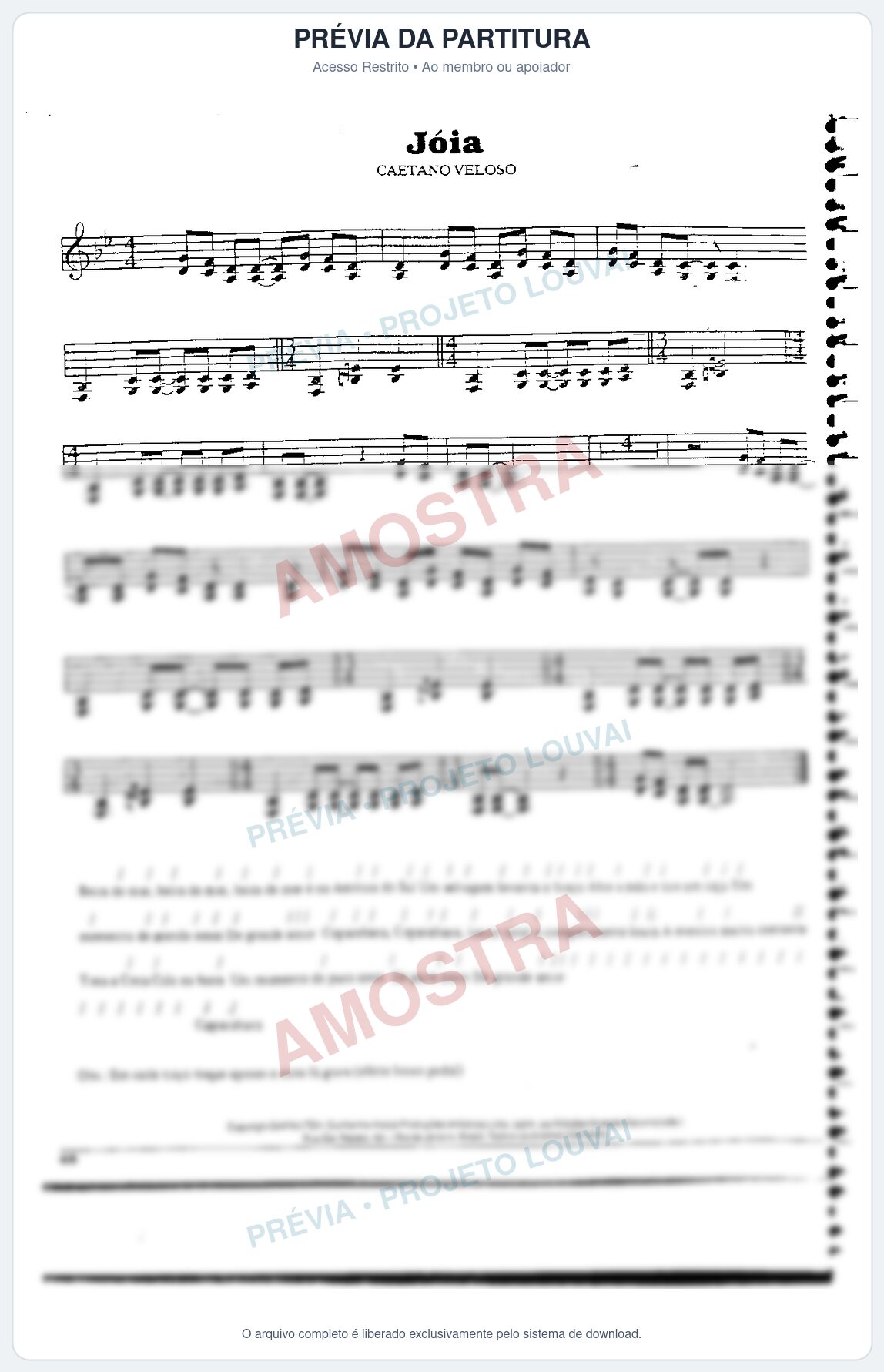 Prévia protegida da primeira página da partitura Partitura da música Joia - Caetano Veloso - Tom Gm