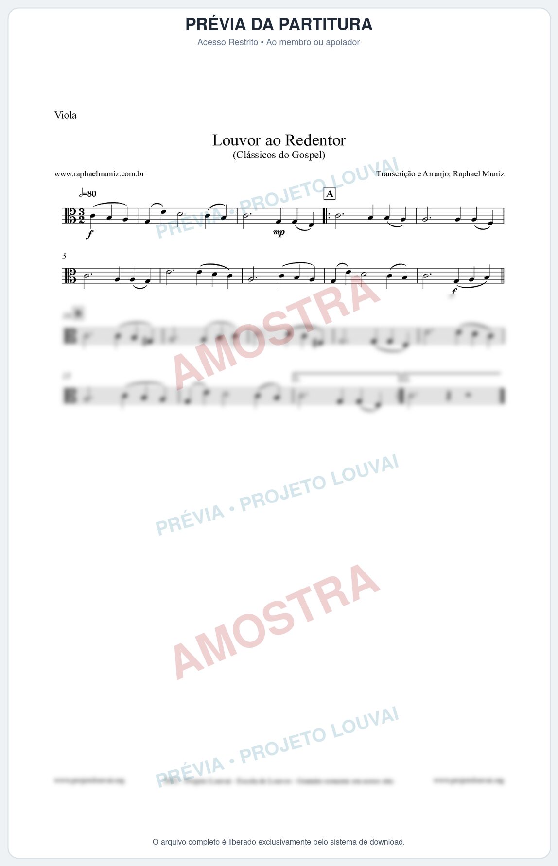Prévia protegida da primeira página da partitura Partitura para Viola - Louvor ao Redentor - Harpa Cristã nº54 - Clássicos do Gospel