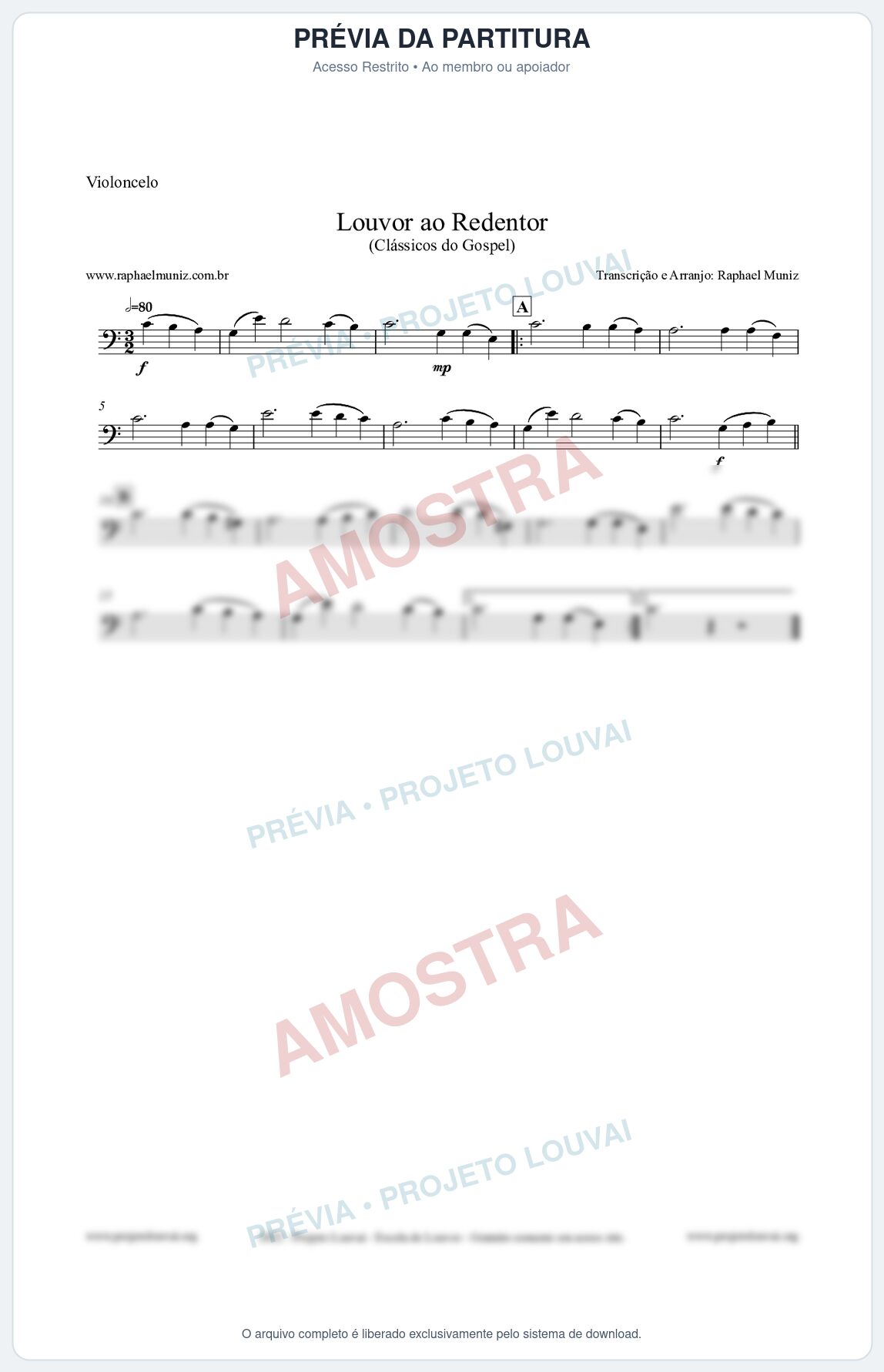 Prévia protegida da primeira página da partitura Partitura para Violoncelo - Louvor ao Redentor - Harpa Cristã nº54 - Clássicos do Gospel