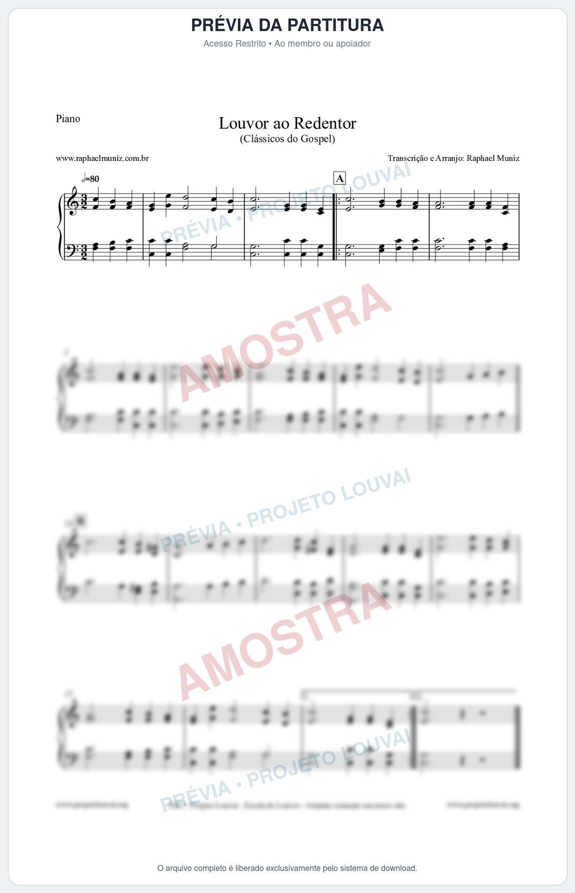Prévia protegida da primeira página da partitura Partitura para Piano - Louvor ao Redentor - Harpa Cristã nº54 - Clássicos do Gospel