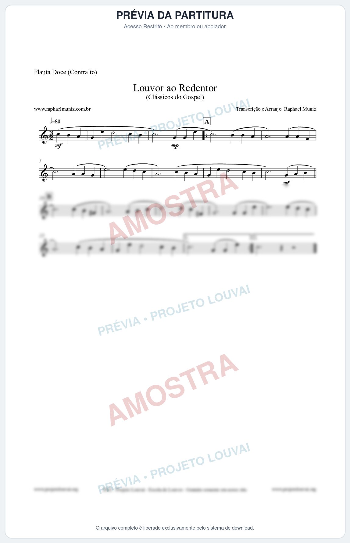 Prévia protegida da primeira página da partitura Partitura para Flauta Doce (Contralto) - Louvor ao Redentor - Harpa Cristã nº54 - Clássicos do Gospel