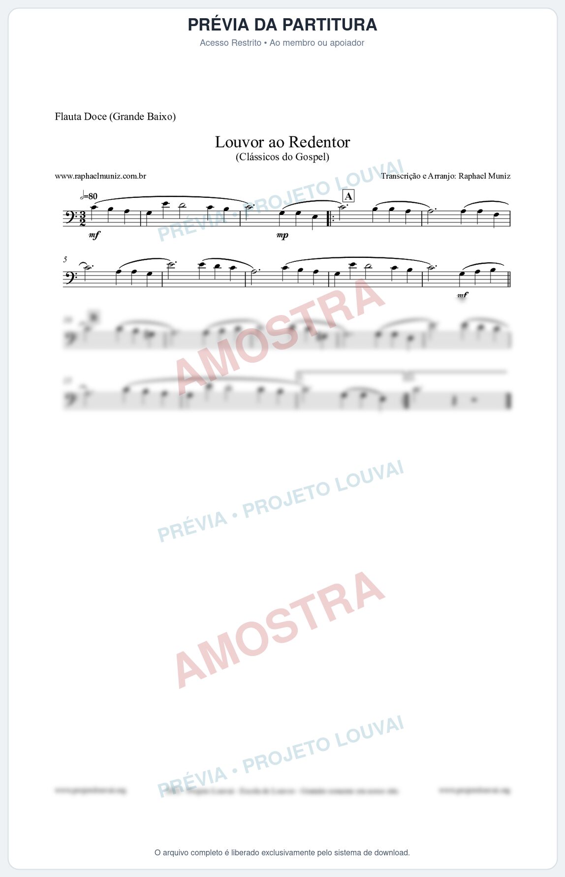 Prévia protegida da primeira página da partitura Partitura para Flauta Doce (Grande Baixo) - Louvor ao Redentor - Harpa Cristã nº54 - Clássicos do Gospel