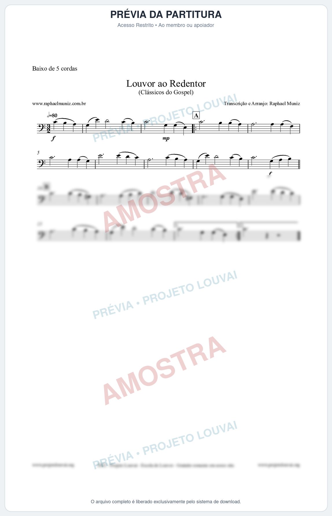 Prévia protegida da primeira página da partitura Partitura para Baixo de 5 cordas - Louvor ao Redentor - Harpa Cristã nº54 - Clássicos do Gospel
