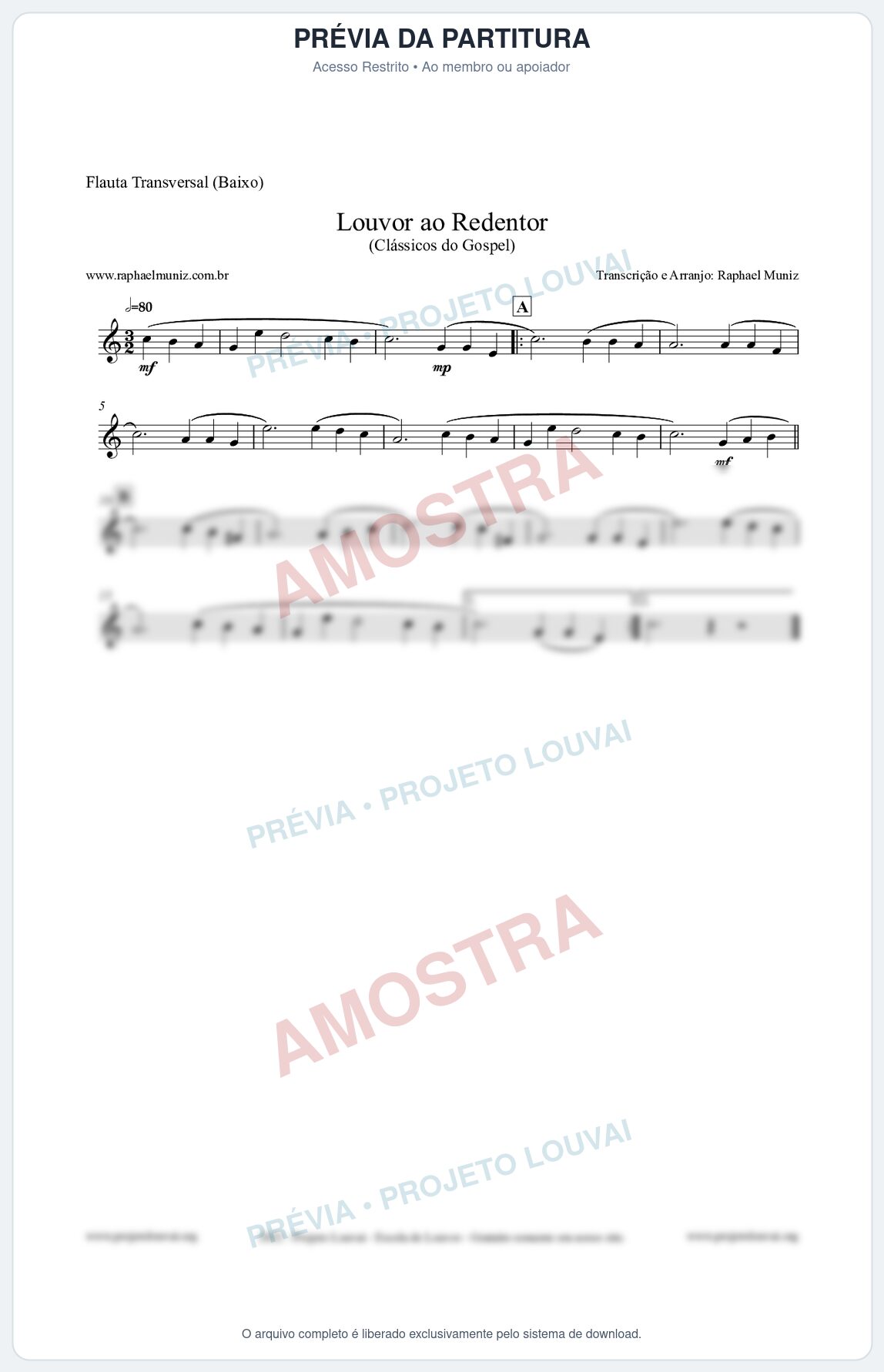 Prévia protegida da primeira página da partitura Partitura para Flauta Transversal (Baixo) - Louvor ao Redentor - Harpa Cristã nº54 - Clássicos do Gospel