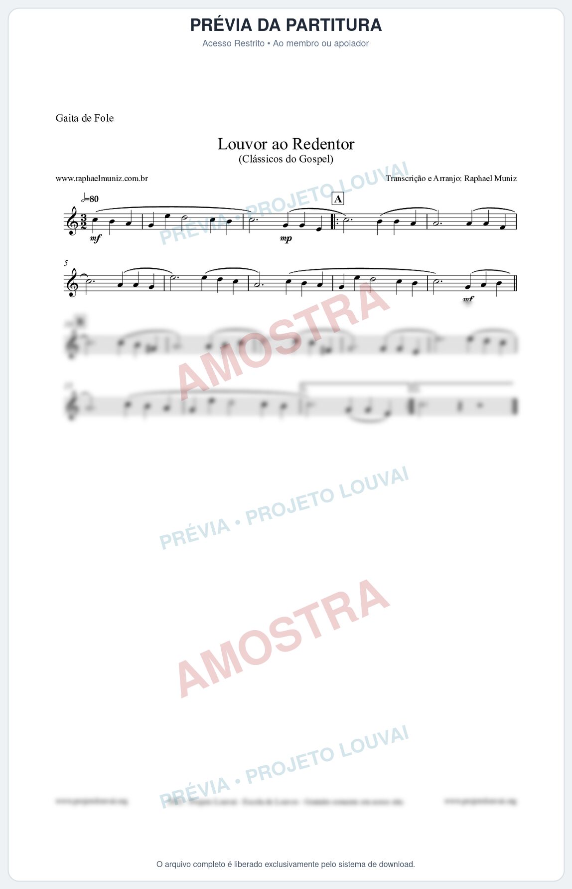 Prévia protegida da primeira página da partitura Partitura para Gaita de Fole - Louvor ao Redentor - Harpa Cristã nº54 - Clássicos do Gospel