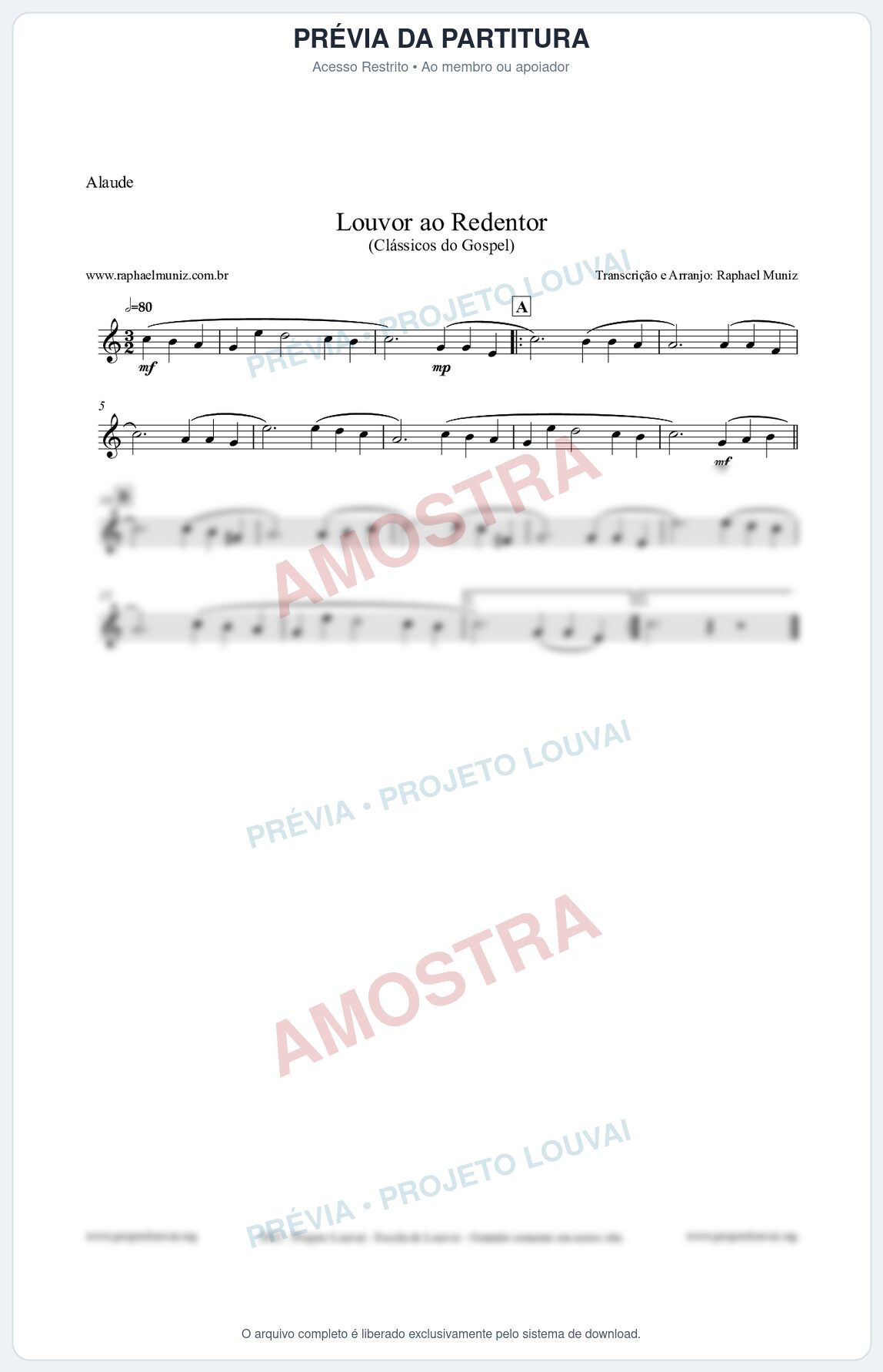 Prévia protegida da primeira página da partitura Partitura para Alaúde - Louvor ao Redentor - Harpa Cristã nº54 - Clássicos do Gospel