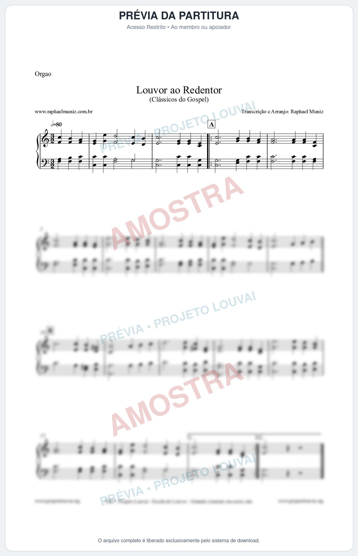 Prévia protegida da primeira página da partitura Partitura para Órgão - Louvor ao Redentor - Harpa Cristã nº54 - Clássicos do Gospel